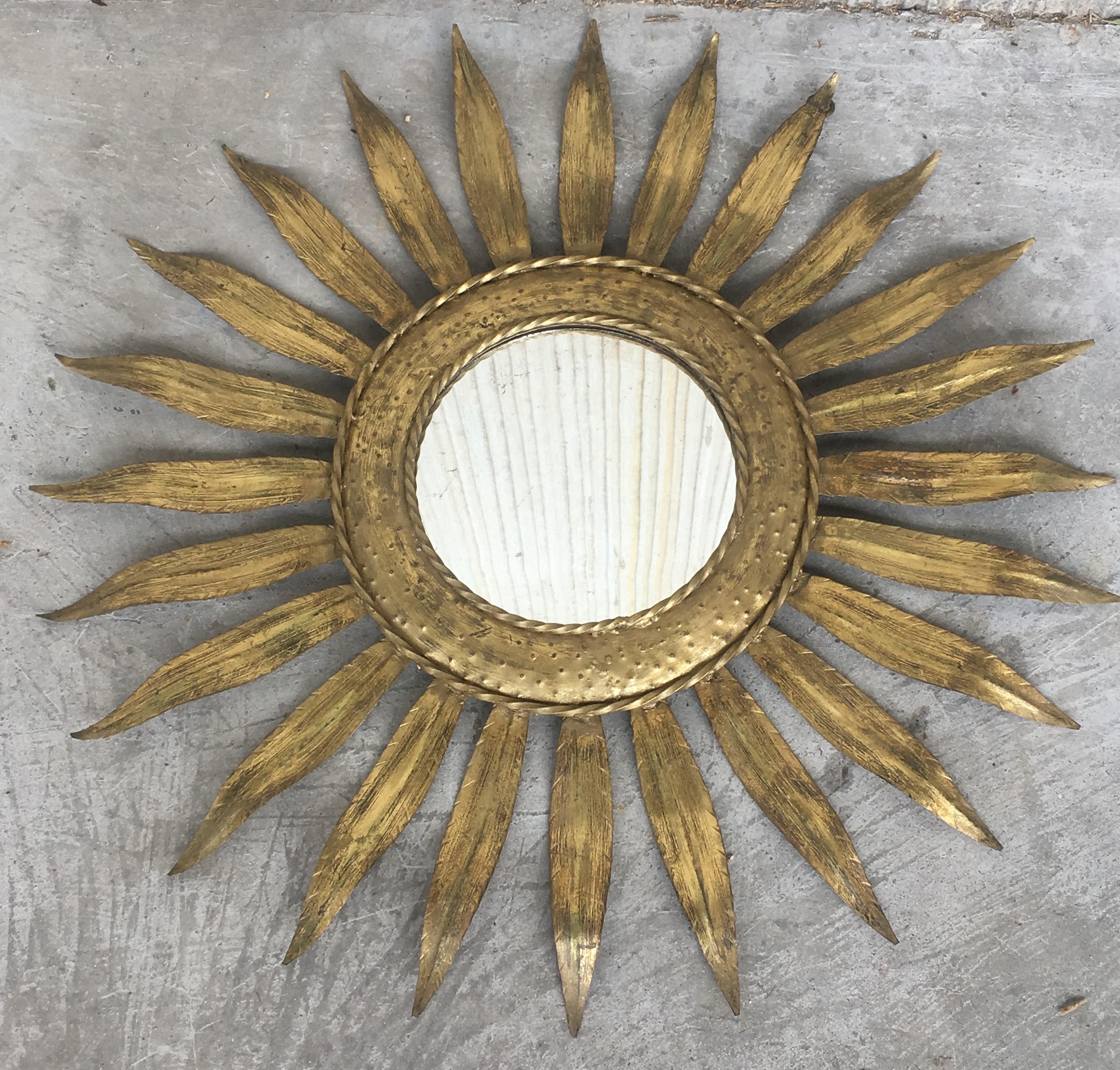 20th Century Mid-Century Modern Gilt Iron Layered Leafed Flower Shaped Sunburst Mirror For Sale