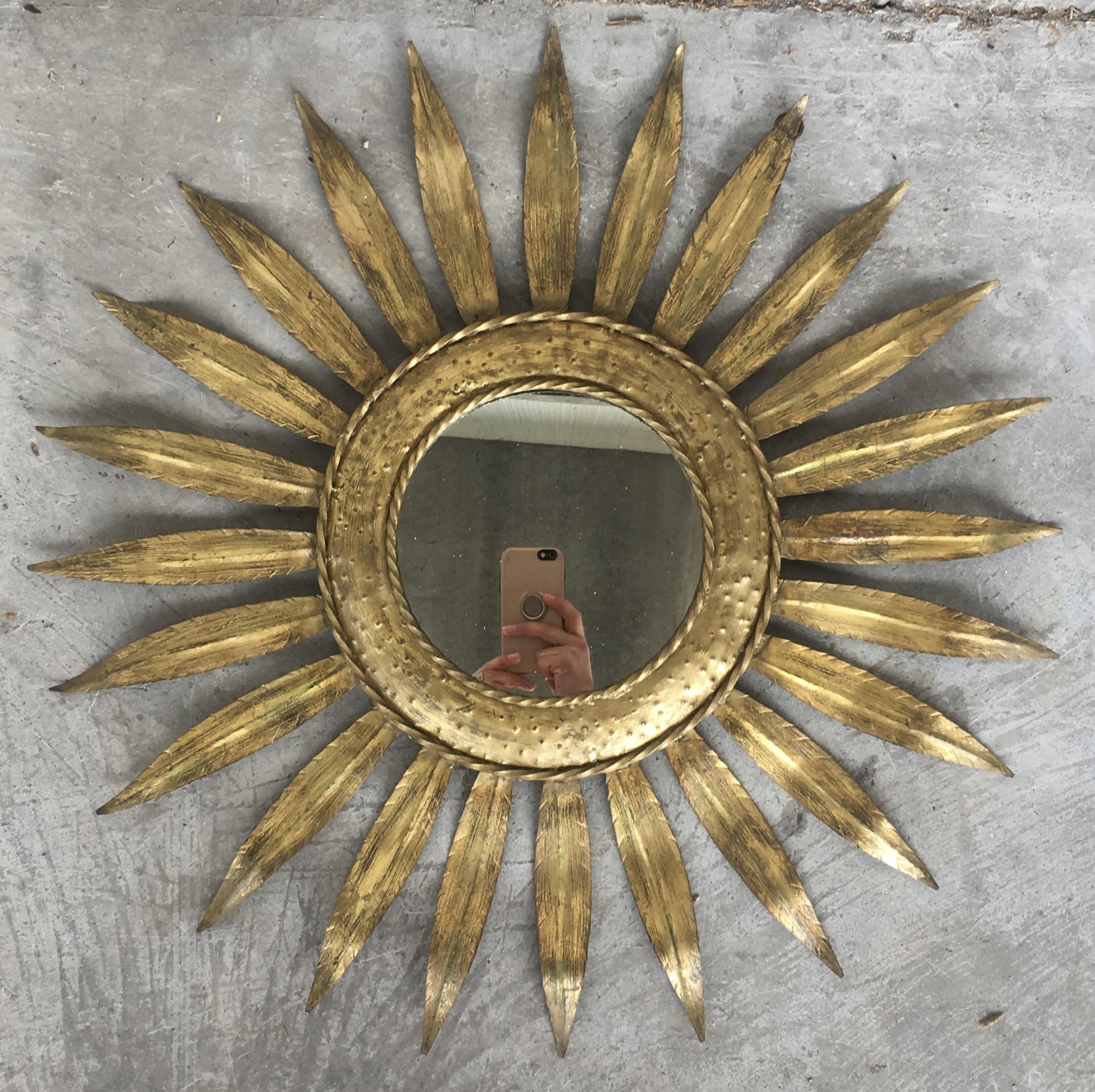 Metal Mid-Century Modern Gilt Iron Layered Leafed Flower Shaped Sunburst Mirror For Sale