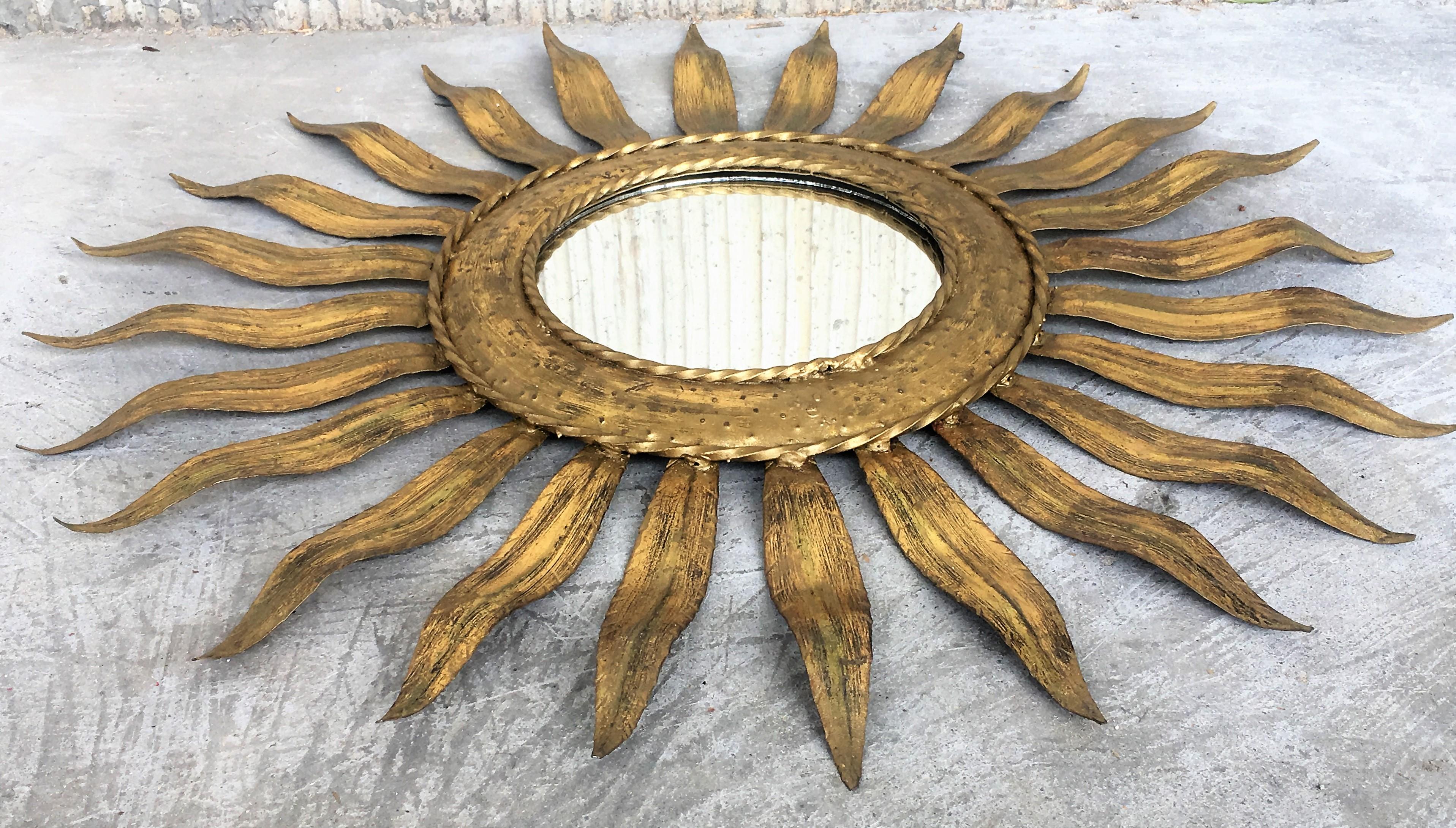 Mid-Century Modern Gilt Iron Layered Leafed Flower Shaped Sunburst Mirror 1