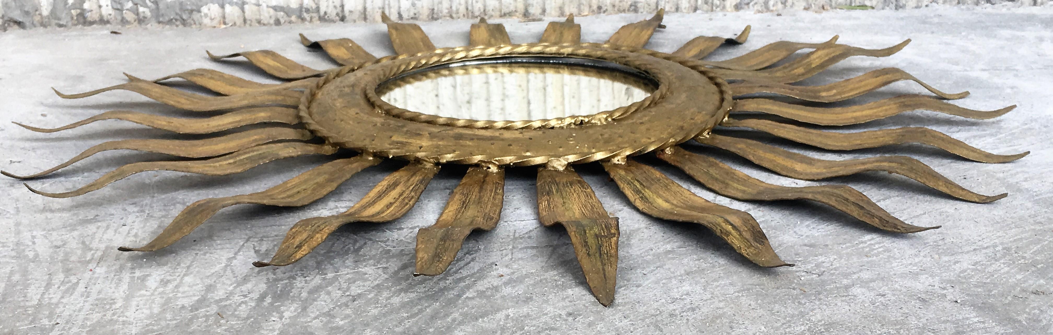 Mid-Century Modern Gilt Iron Layered Leafed Flower Shaped Sunburst Mirror For Sale 2