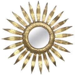 Mid-Century Modern Gilt Iron Layered Leafed Flower Shaped Sunburst Mirror
