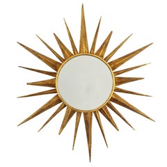 Mid-Century Modern Gilt Iron Sunburst Ceiling Light Fixture and Sunburst Mirror