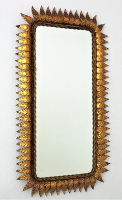 Mid-Century Modern Gilt Iron Sunburst Rectangular Mirror