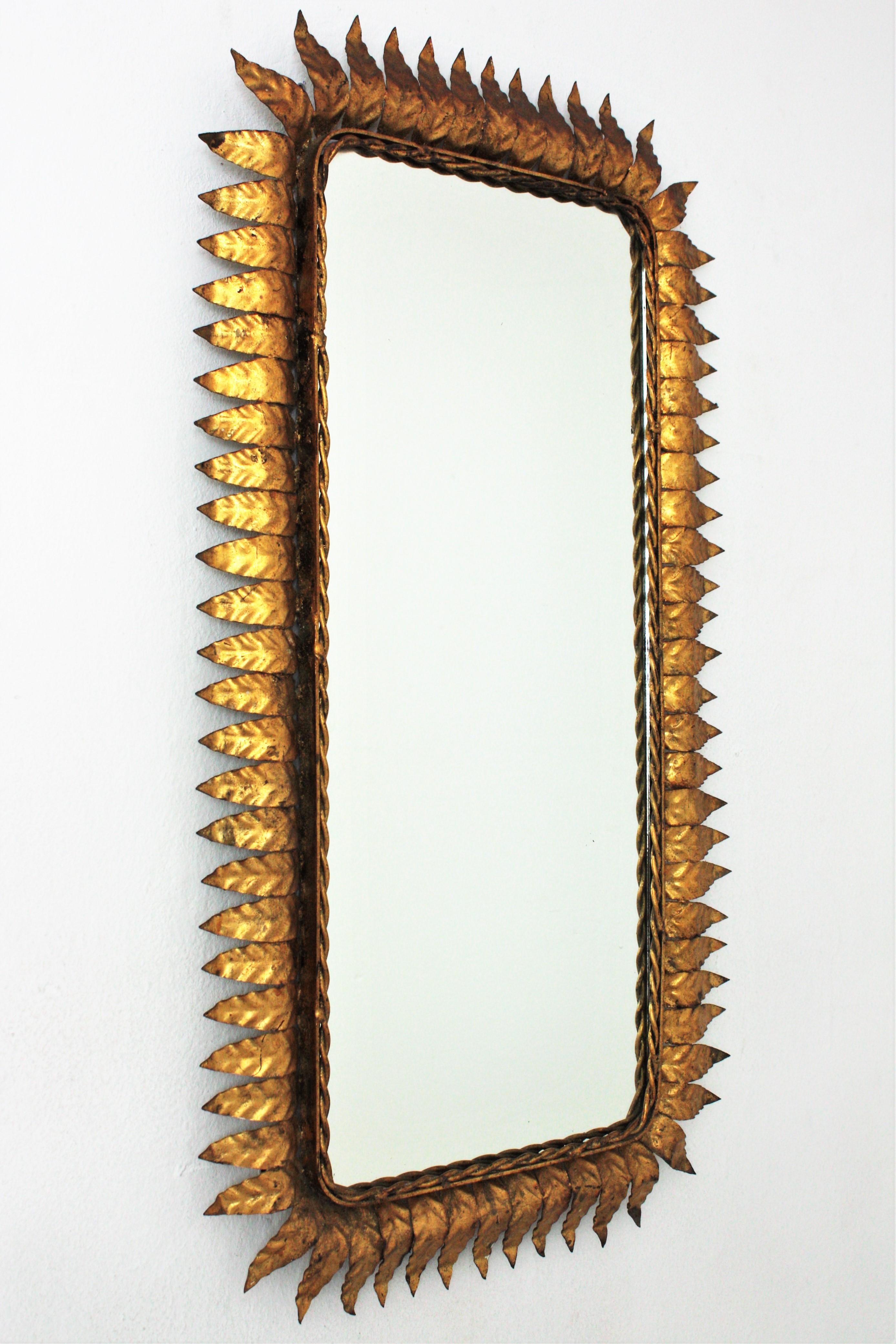 Spanish Mid-Century Modern Gilt Iron Sunburst Rectangular Mirror