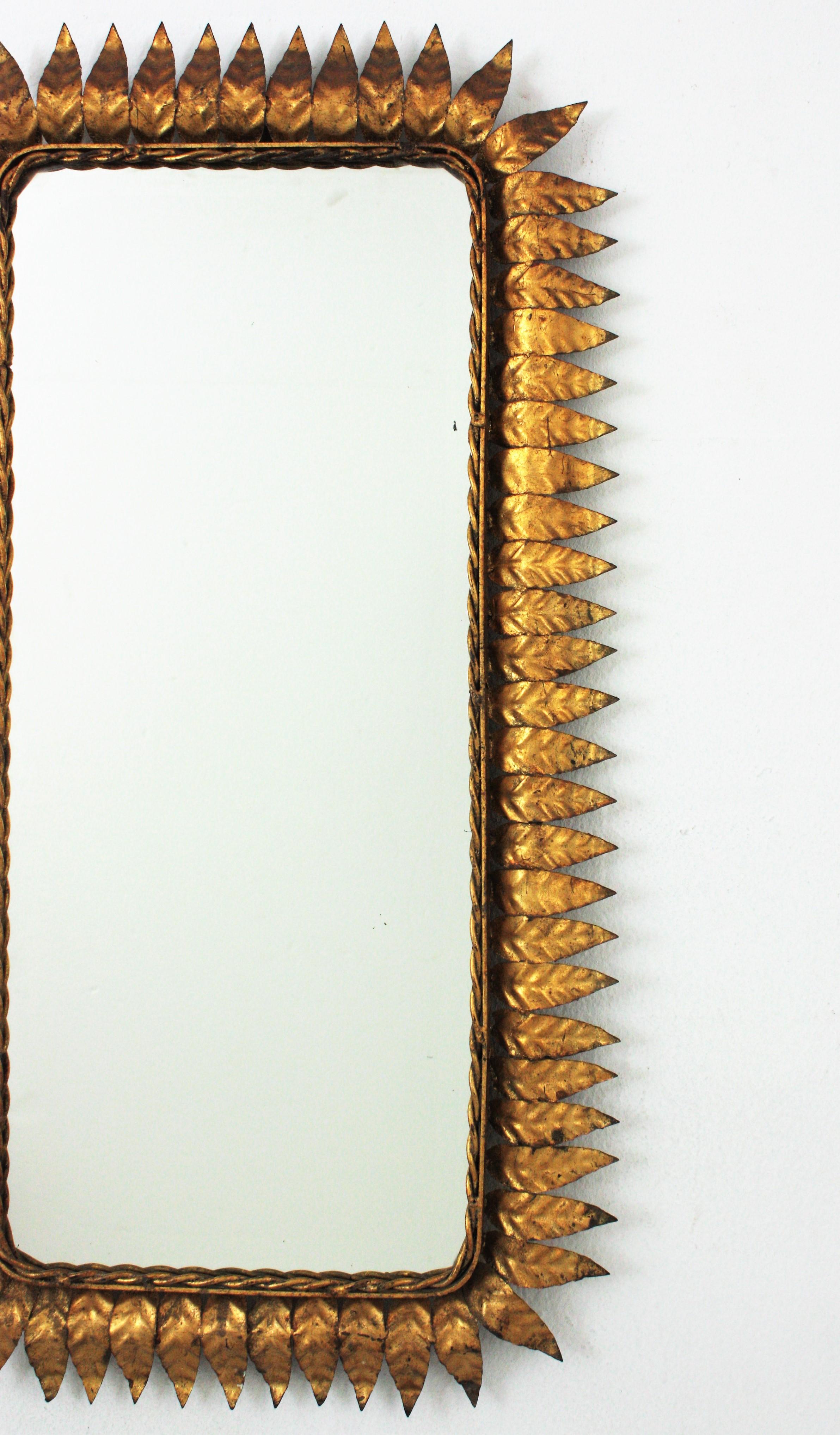 20th Century Mid-Century Modern Gilt Iron Sunburst Rectangular Mirror