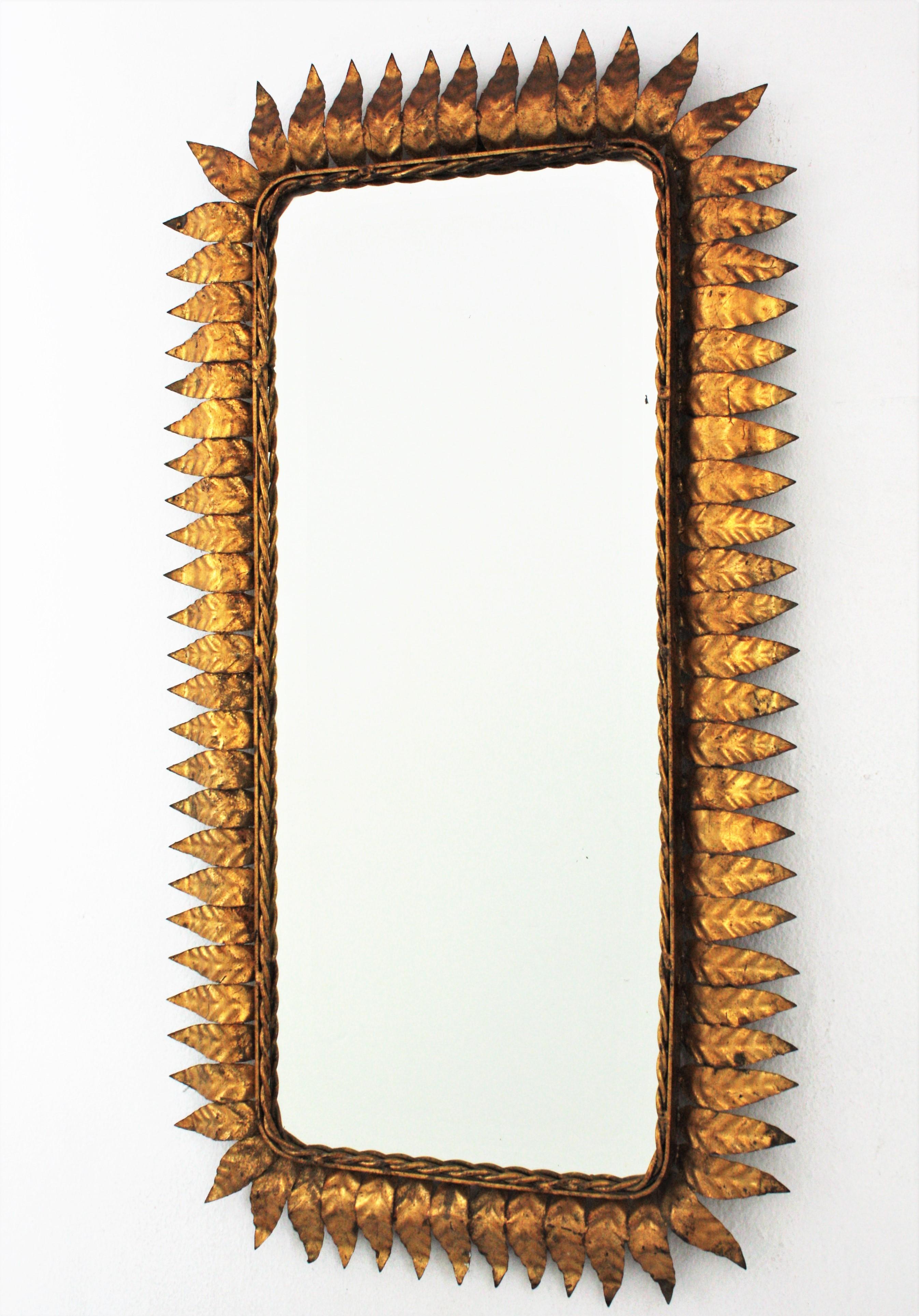 Mid-Century Modern Gilt Iron Sunburst Rectangular Mirror 1