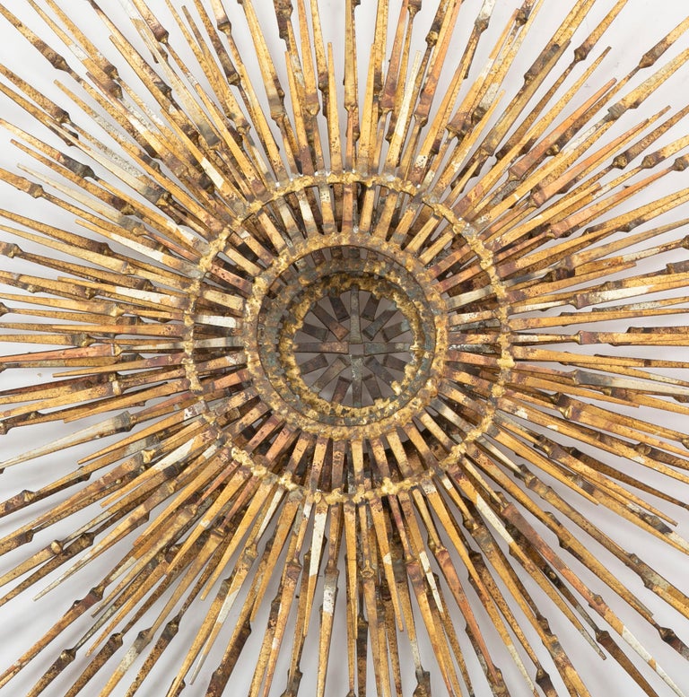 MidCentury Modern Gilt Iron Sunburst Wall Sculpture by William Bowie
