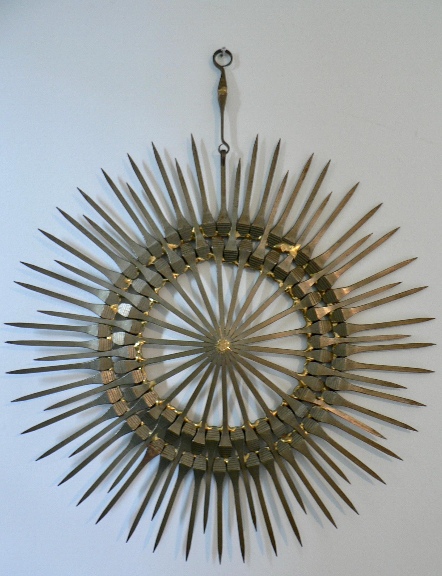 Late 20th Century Mid-Century Modern Gilt Iron Sunburst Wall Sculpture by William Bowie For Sale