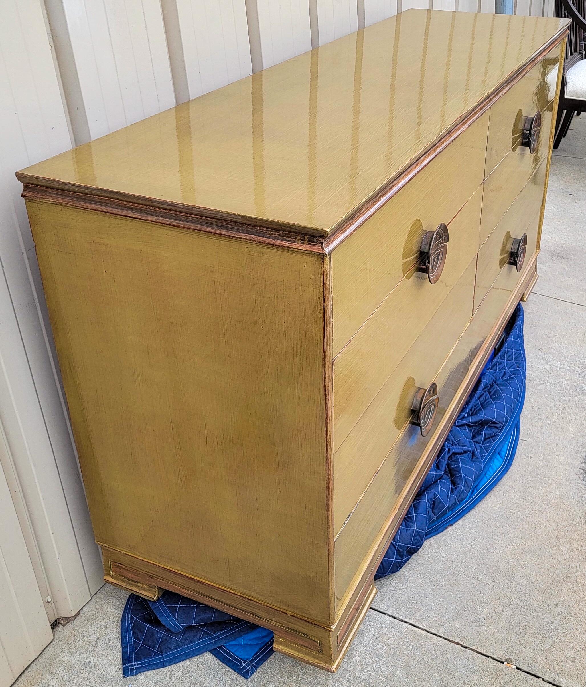 Mahogany Mid-Century Modern Gilt Lacquered Credenza / Chest Attributed to James Mont For Sale