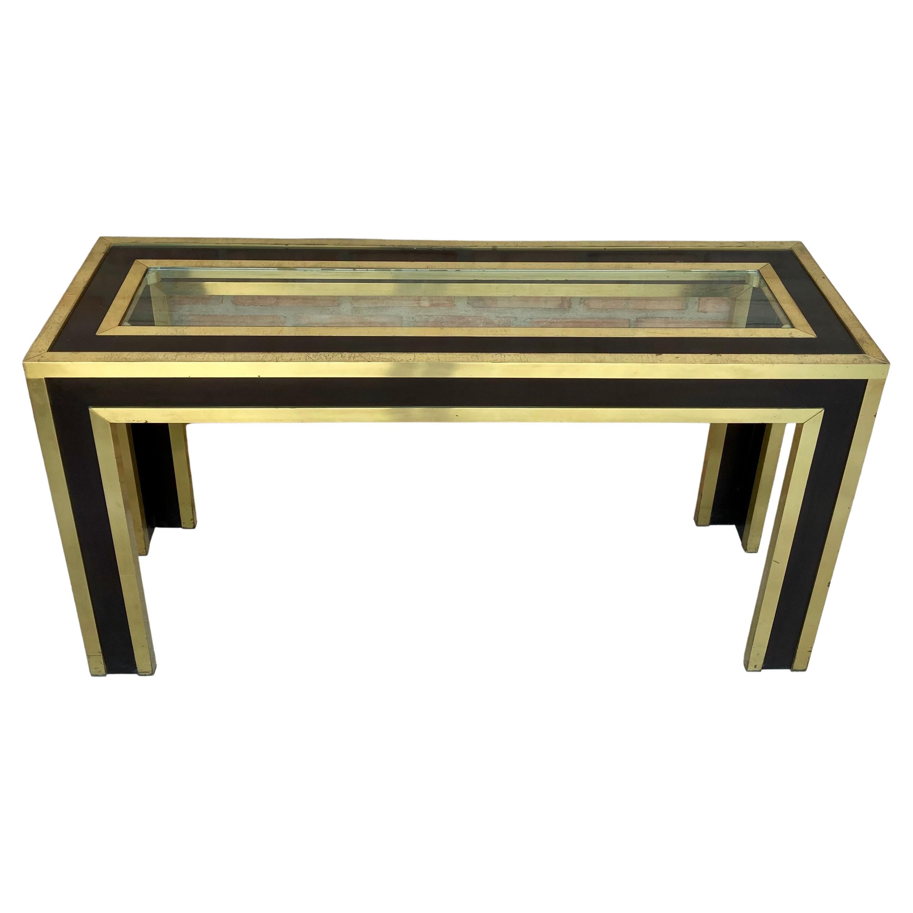 Mid-Century Modern Gilt Metal and Wood Console Table with Glass Top For Sale