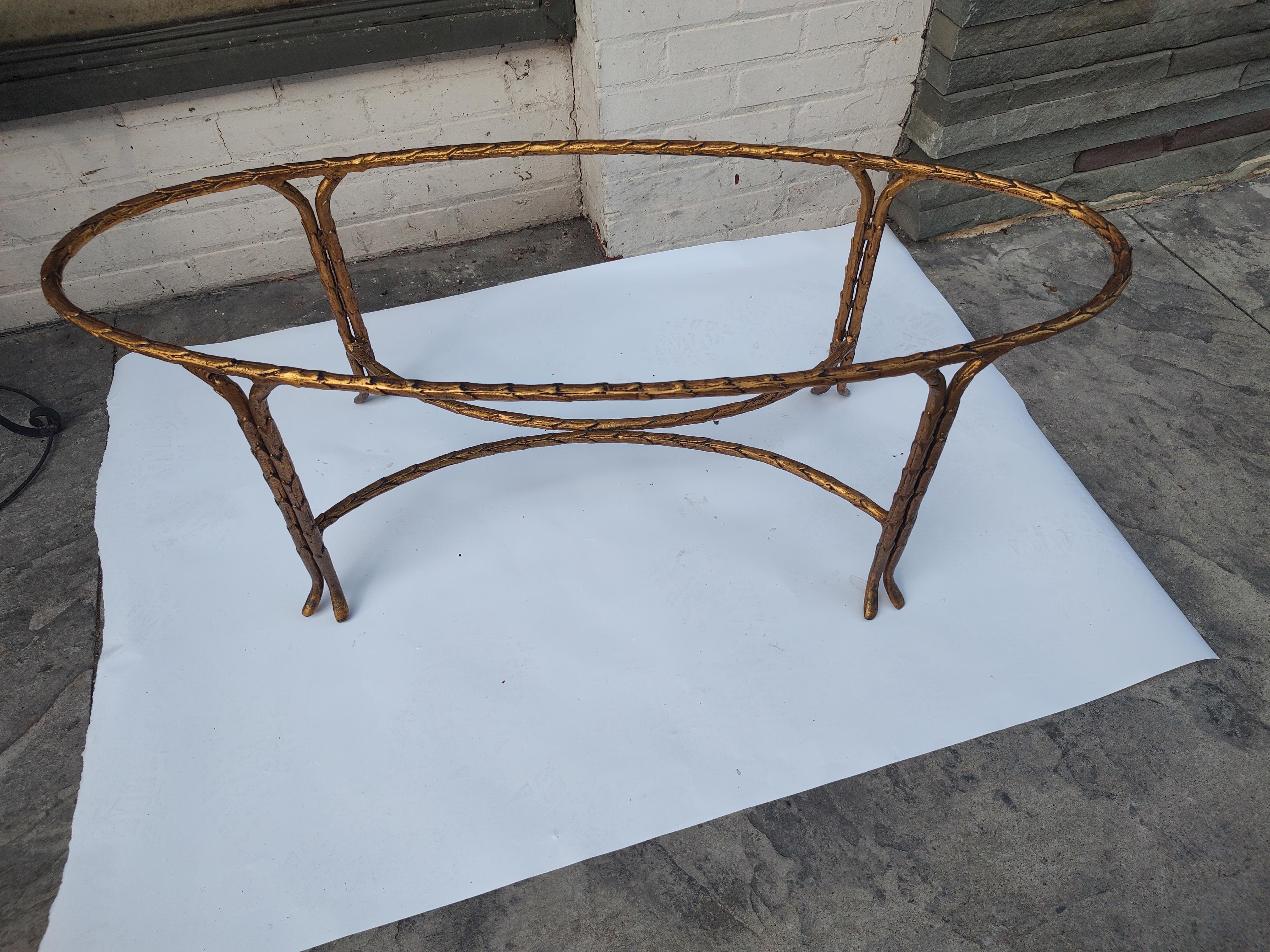 Mid Century Modern Gilt Oval with Turtle Top Glass Cocktail Table Maison Bagues For Sale 4