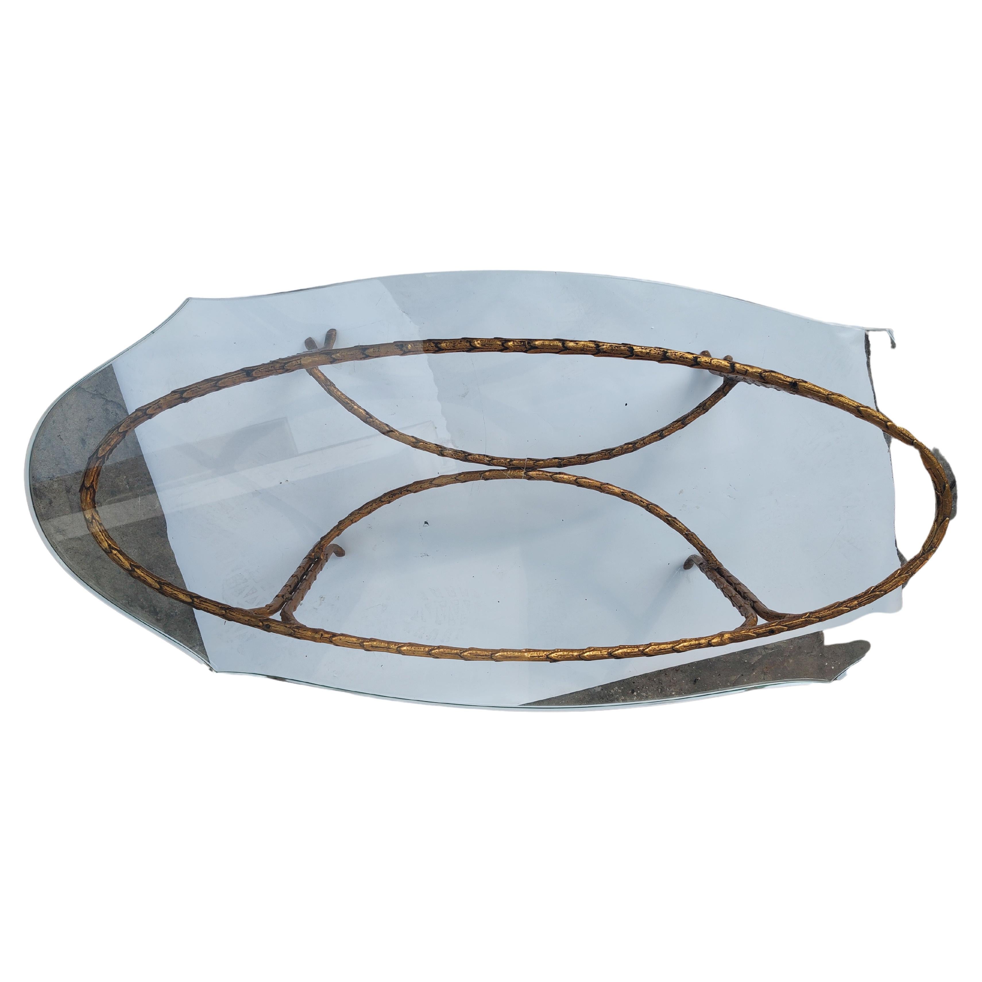Cast Mid Century Modern Gilt Oval with Turtle Top Glass Cocktail Table Maison Bagues For Sale