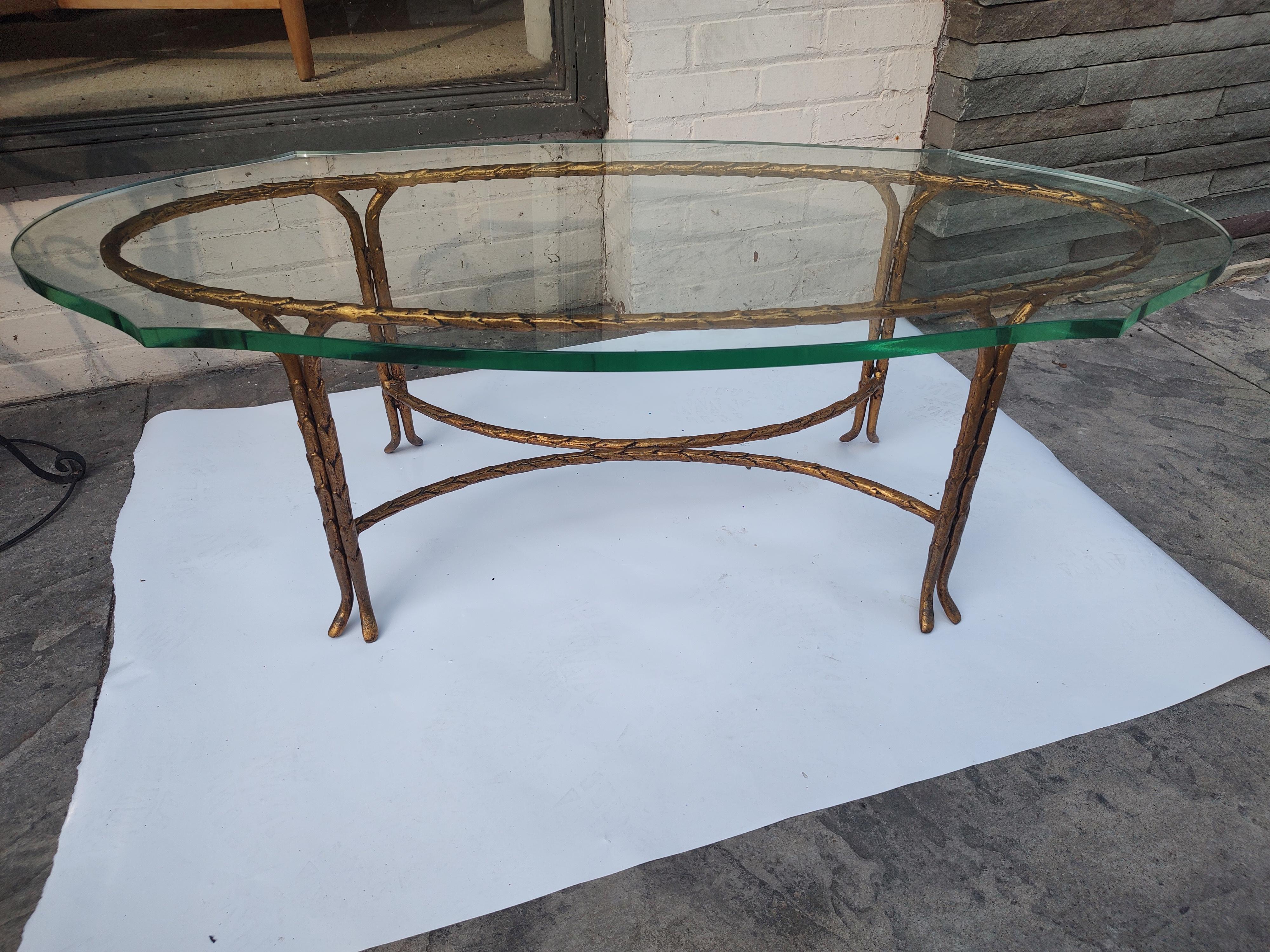 Mid Century Modern Gilt Oval with Turtle Top Glass Cocktail Table Maison Bagues For Sale 2