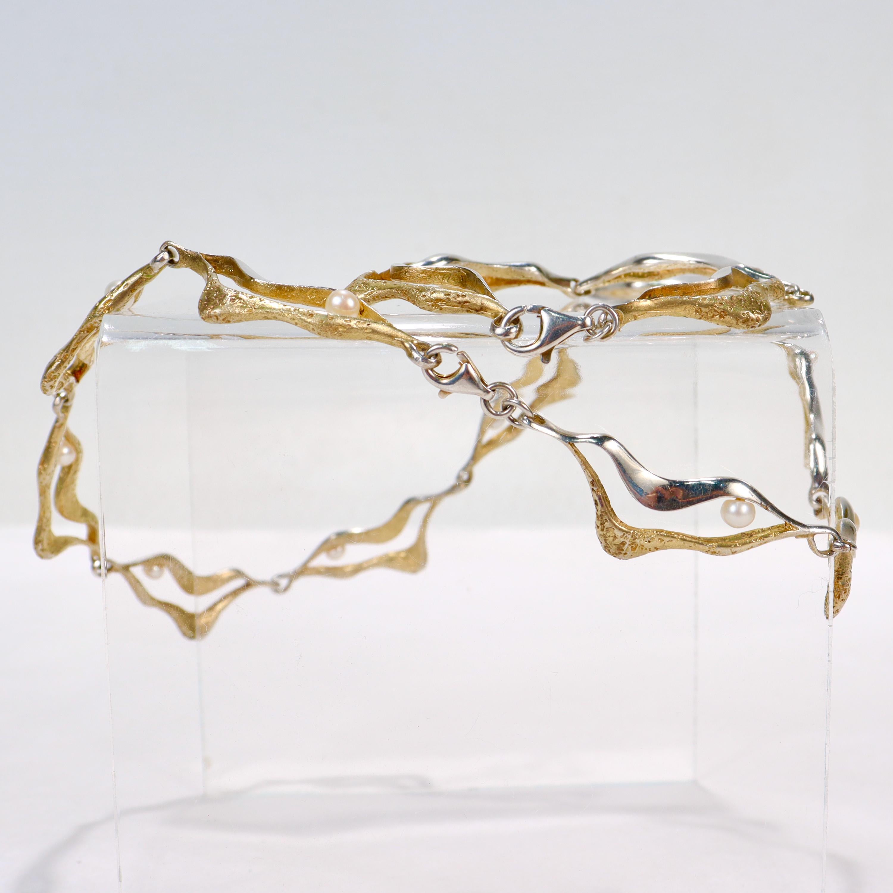 Mid-Century Modern Gilt Sterling Silver & Pearl Link Necklace & Bracelet Parure For Sale 6