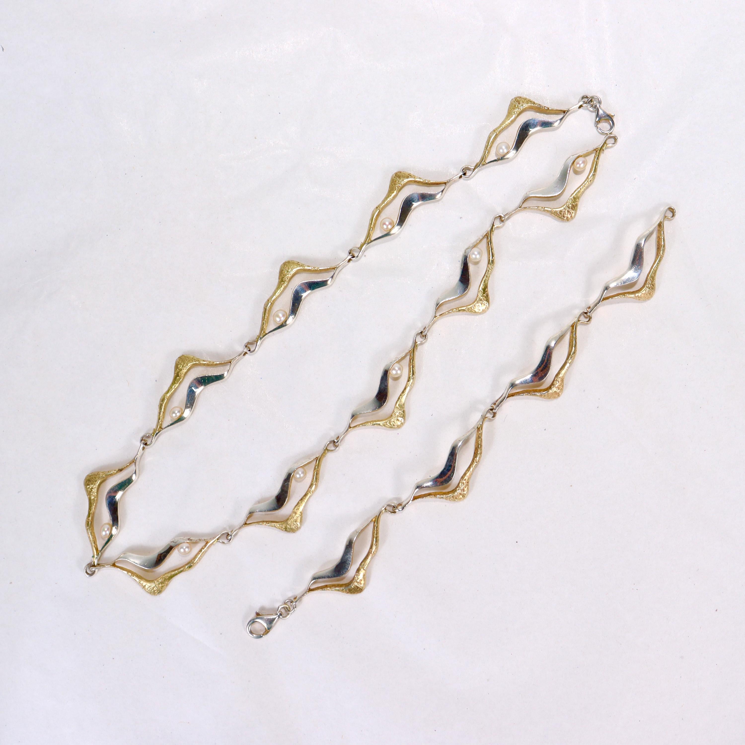 Mid-Century Modern Gilt Sterling Silver & Pearl Link Necklace & Bracelet Parure For Sale 7