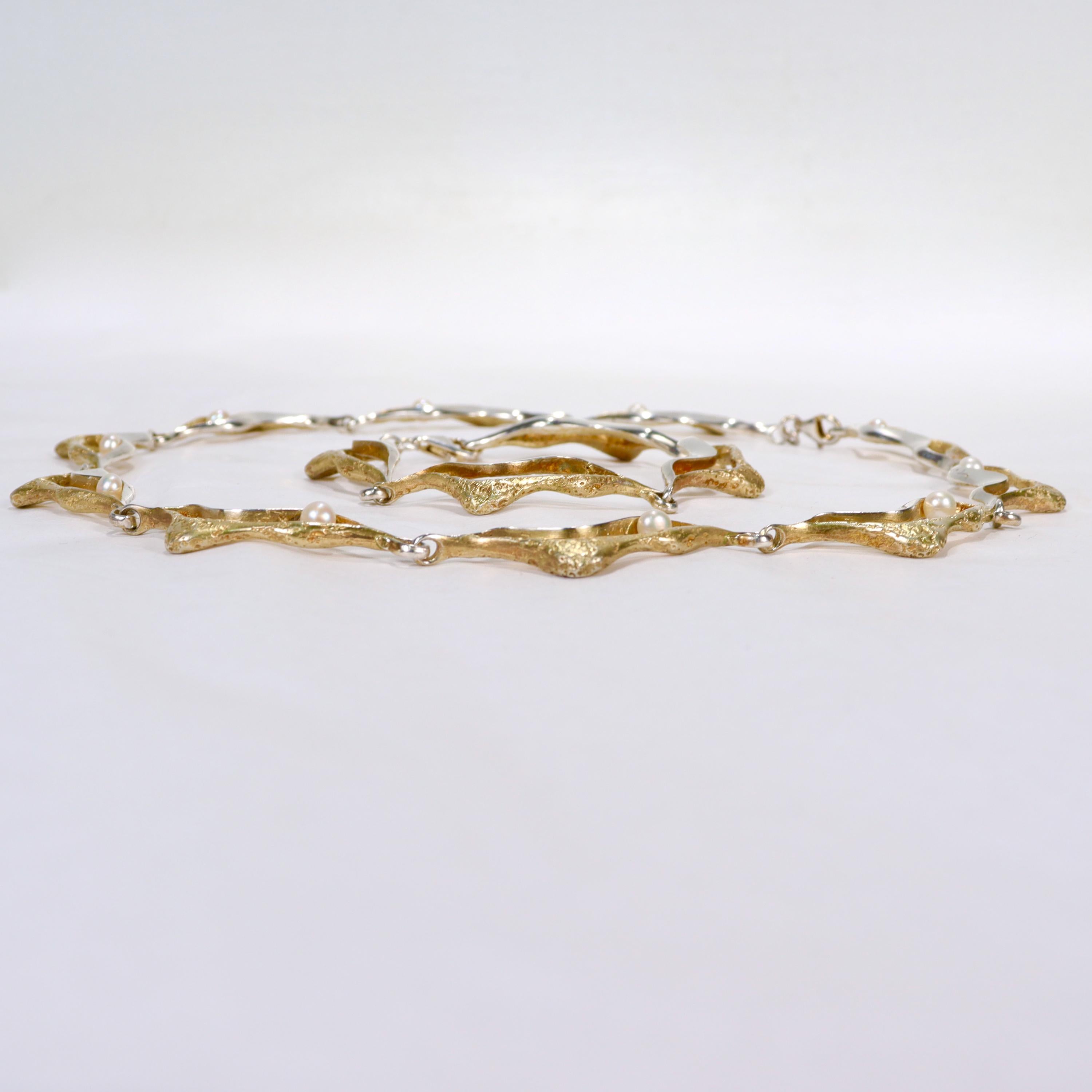 Mid-Century Modern Gilt Sterling Silver & Pearl Link Necklace & Bracelet Parure For Sale 8