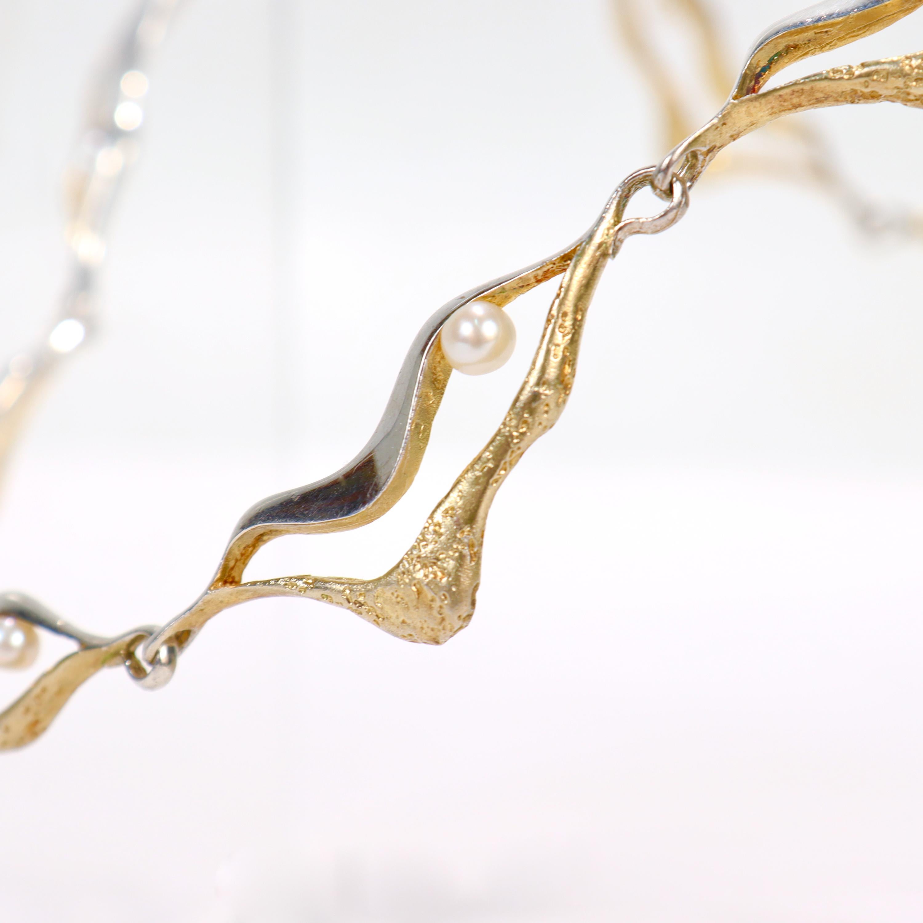 Parure collier et bracelet à maillons en argent sterling doré et perles, style mi-siècle moderne en vente 9
