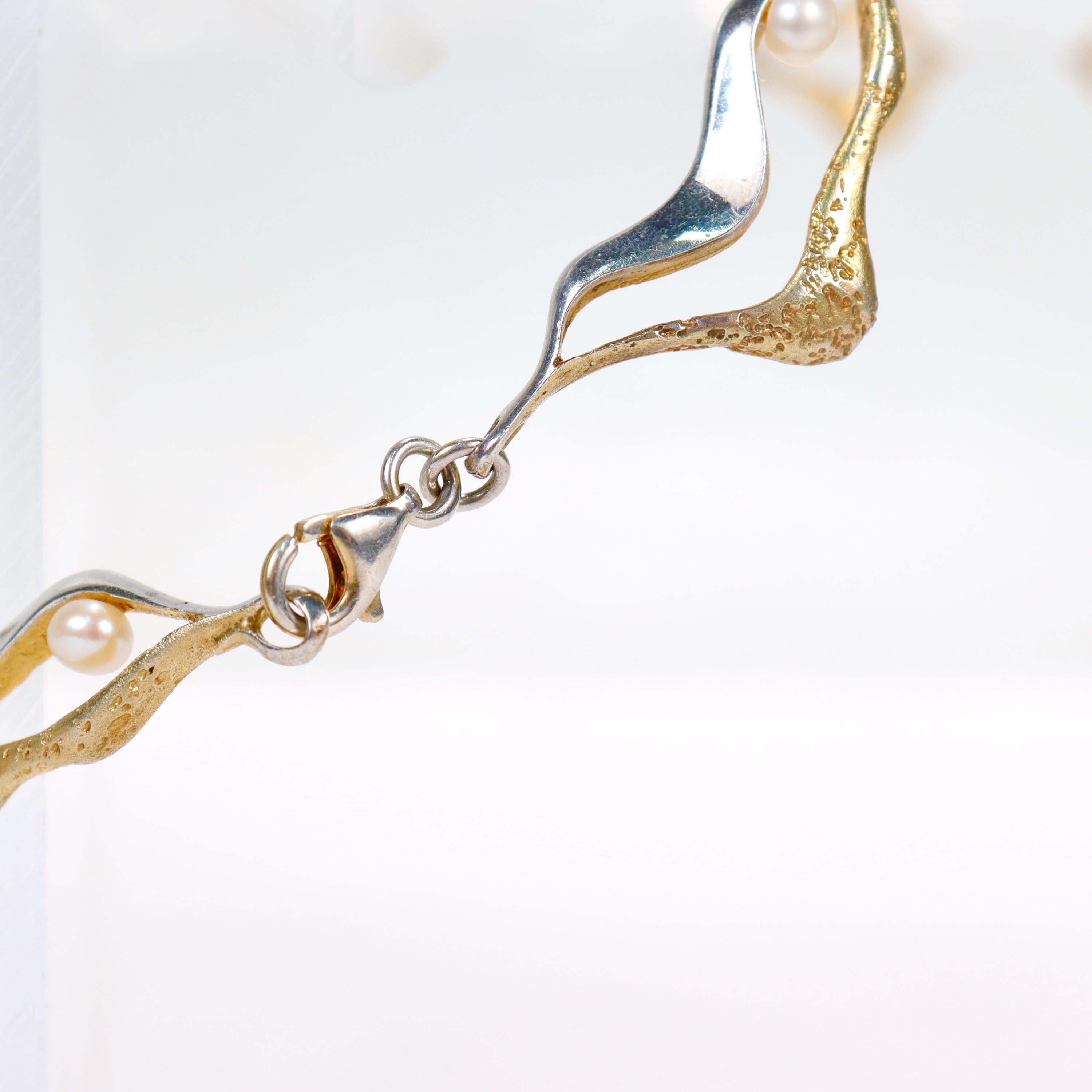 Mid-Century Modern Gilt Sterling Silver & Pearl Link Necklace & Bracelet Parure For Sale 10