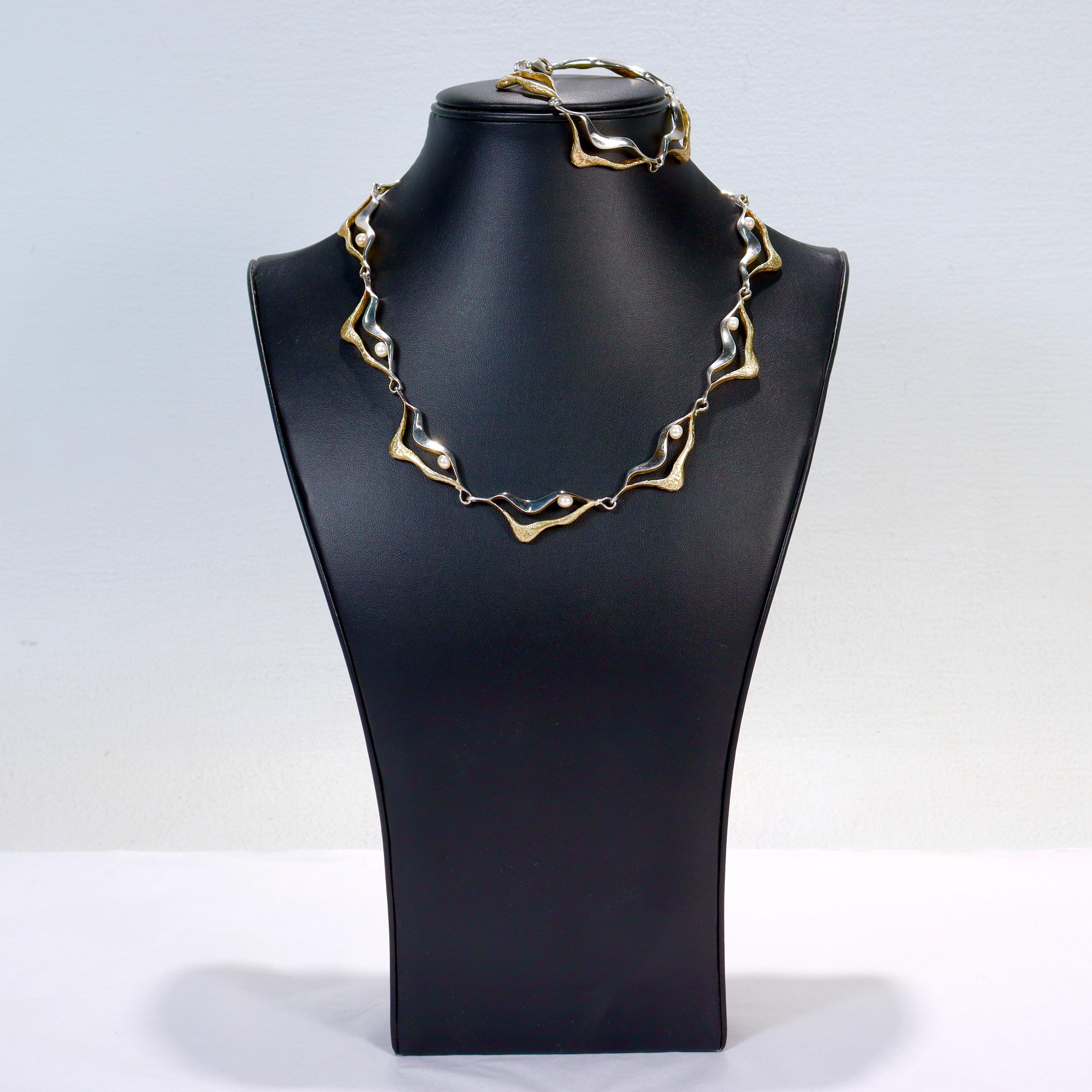 Women's Mid-Century Modern Gilt Sterling Silver & Pearl Link Necklace & Bracelet Parure For Sale