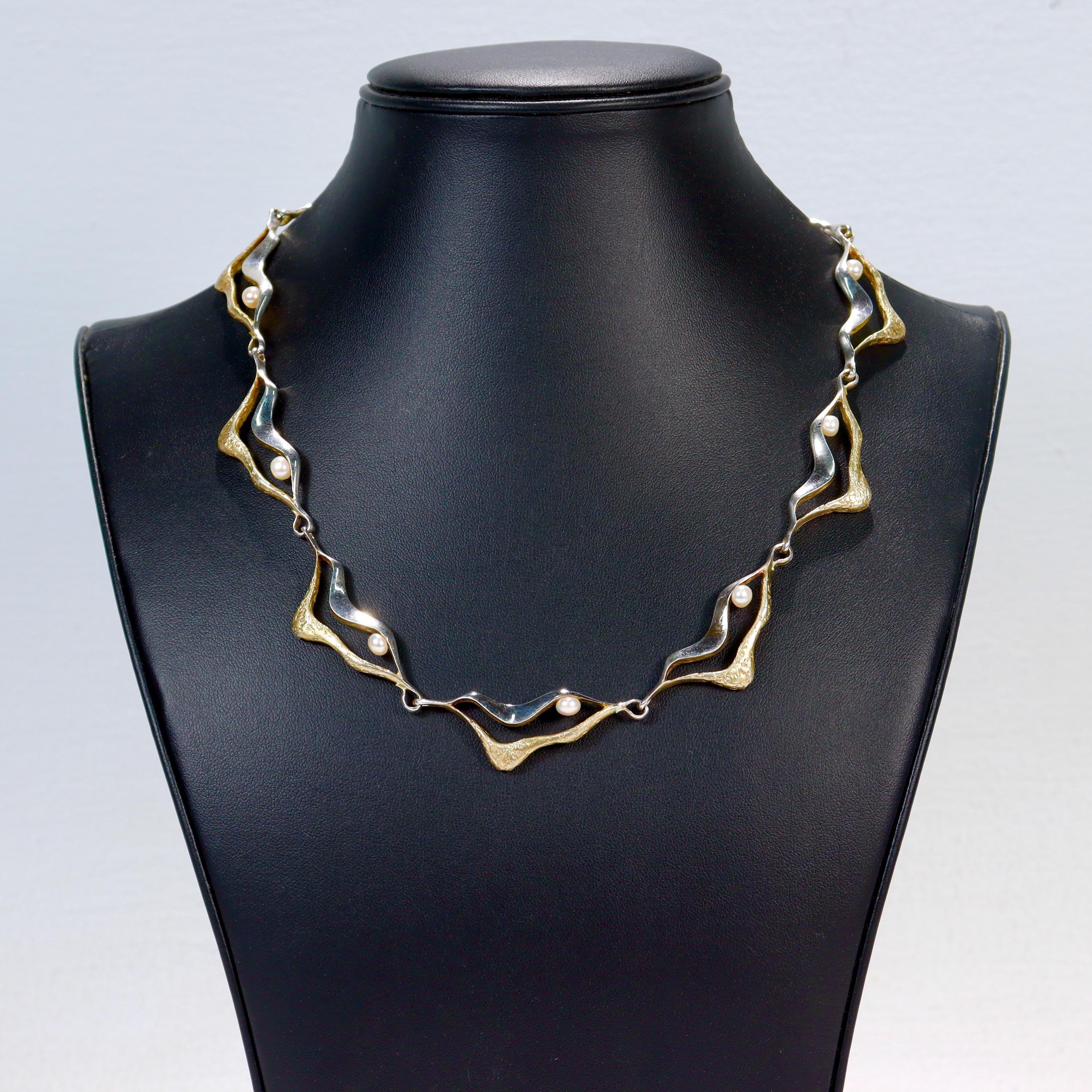 Mid-Century Modern Gilt Sterling Silver & Pearl Link Necklace & Bracelet Parure For Sale 1
