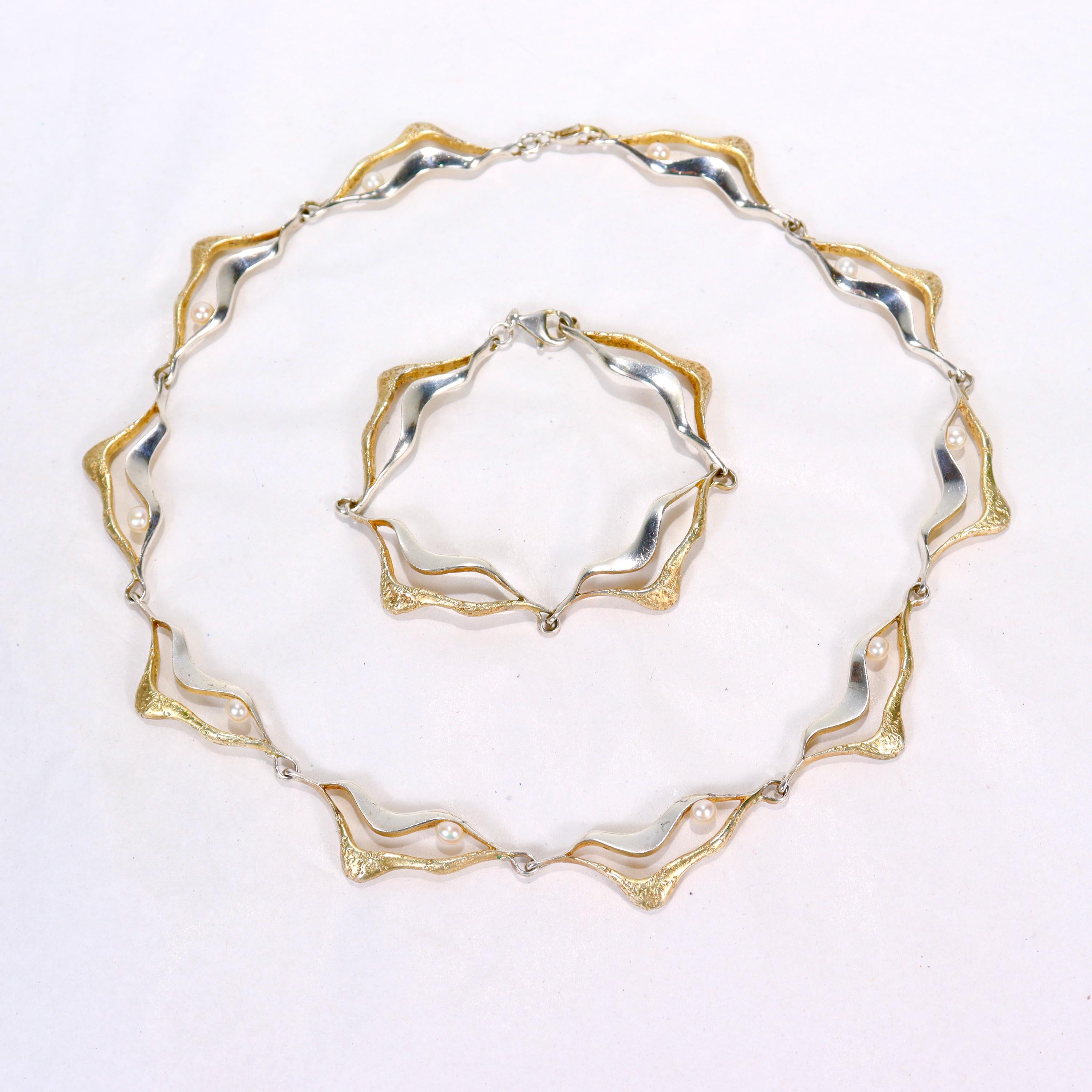Parure collier et bracelet à maillons en argent sterling doré et perles, style mi-siècle moderne en vente 2