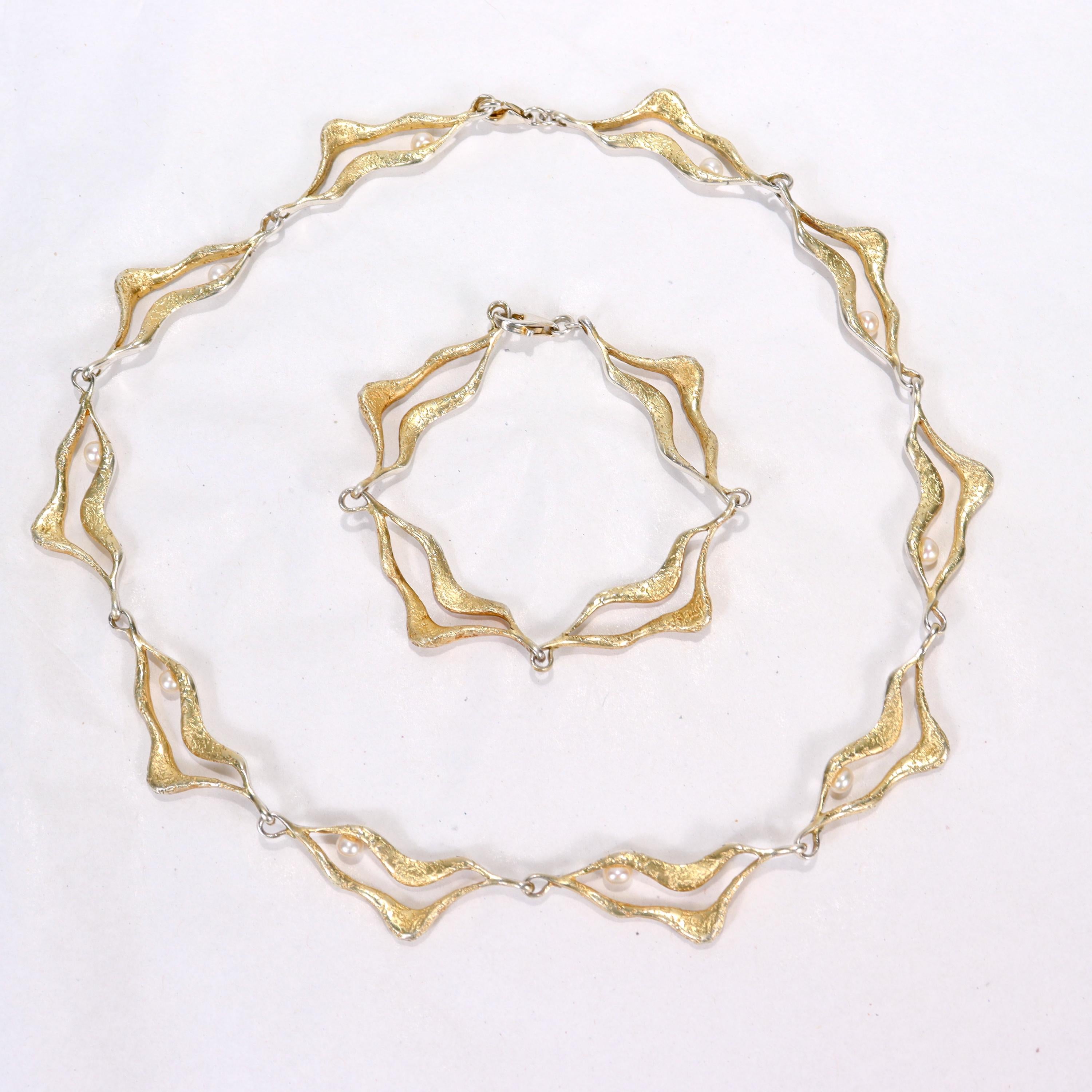 Parure collier et bracelet à maillons en argent sterling doré et perles, style mi-siècle moderne en vente 3