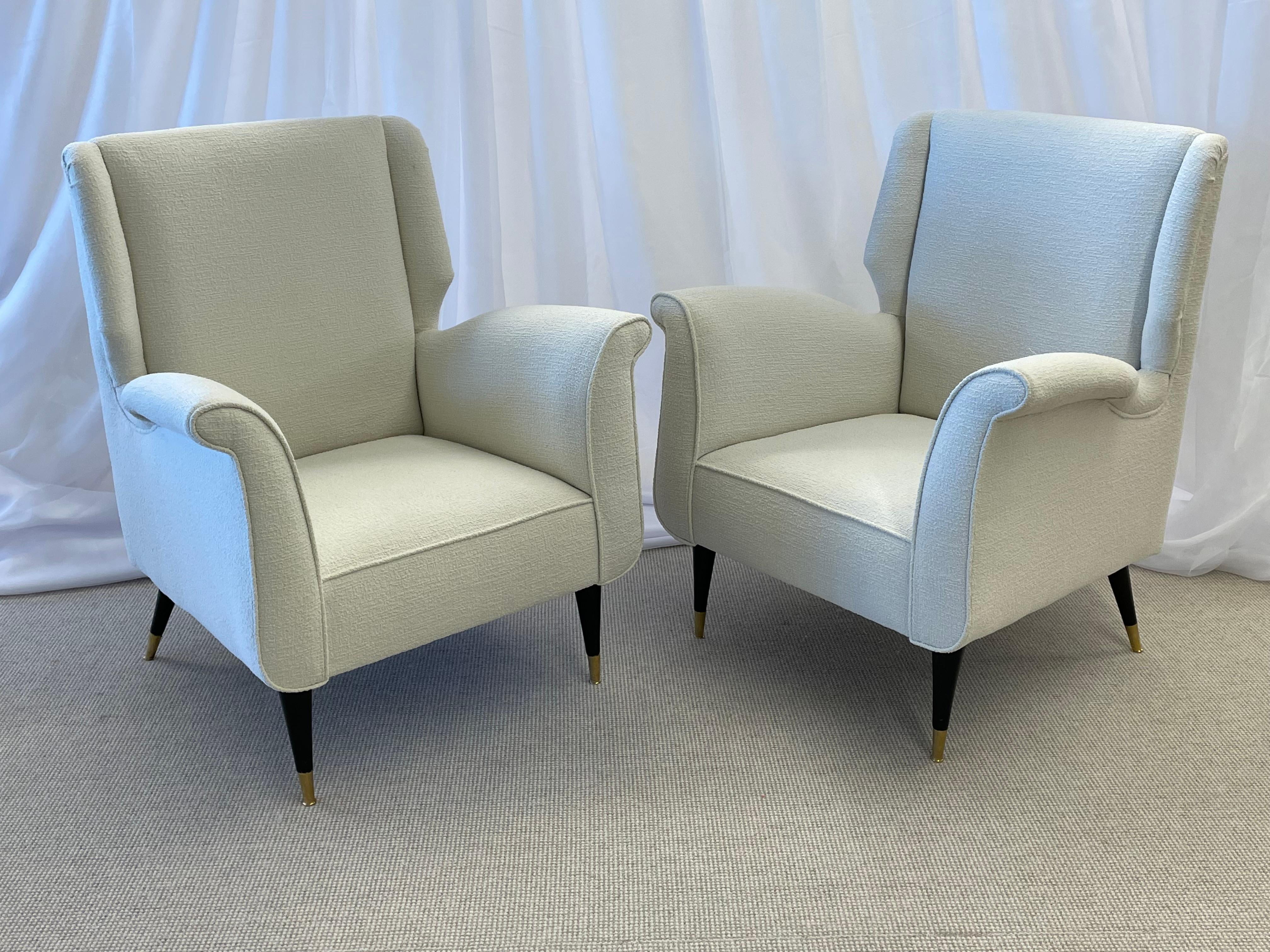 Mid-Century Modern Gio Ponti Style Armchairs, Wingback, a Pair in Kravet Bouclé For Sale 1