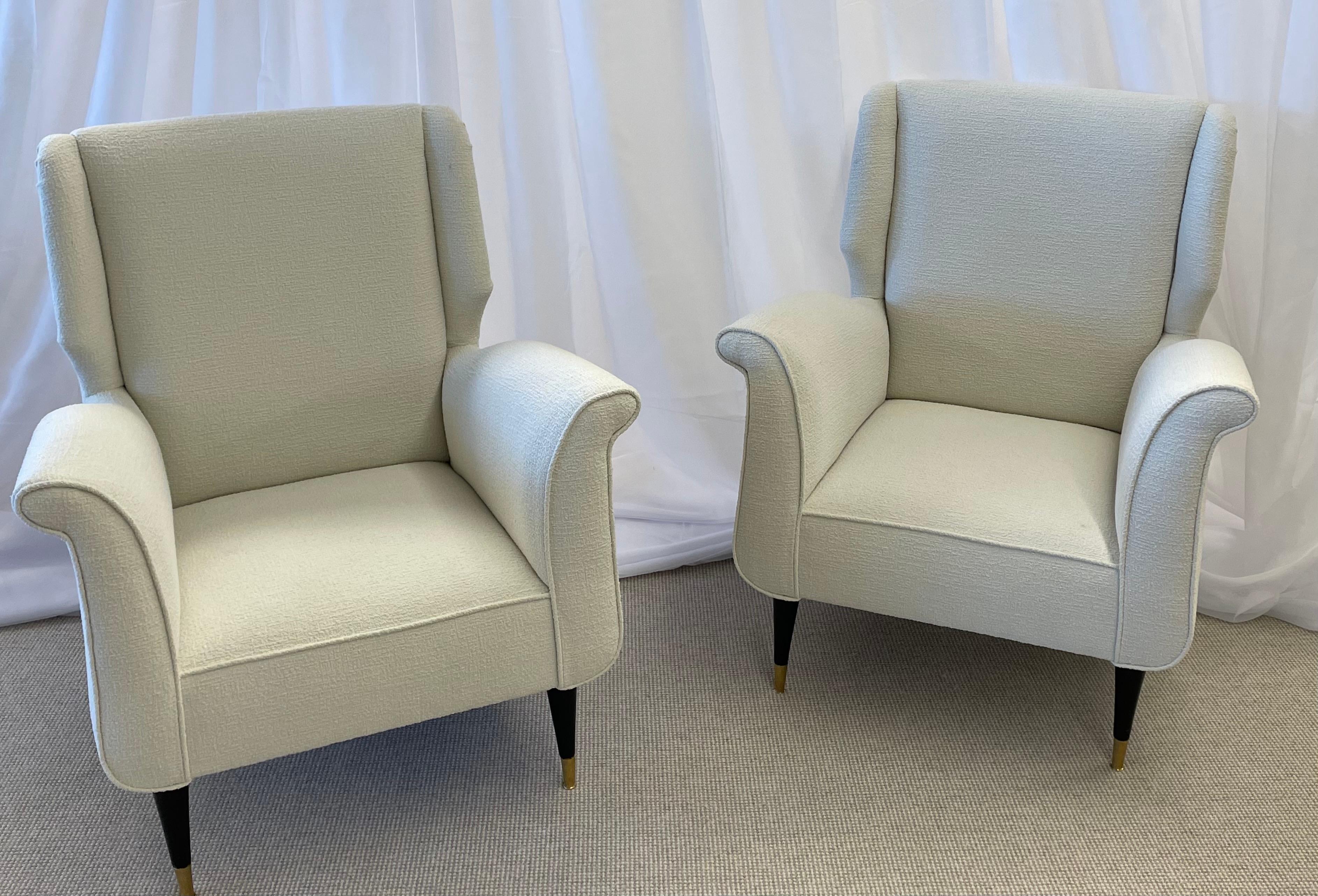 Mid-Century Modern Gio Ponti Style Armchairs, Wingback, a Pair in Kravet Bouclé For Sale 2