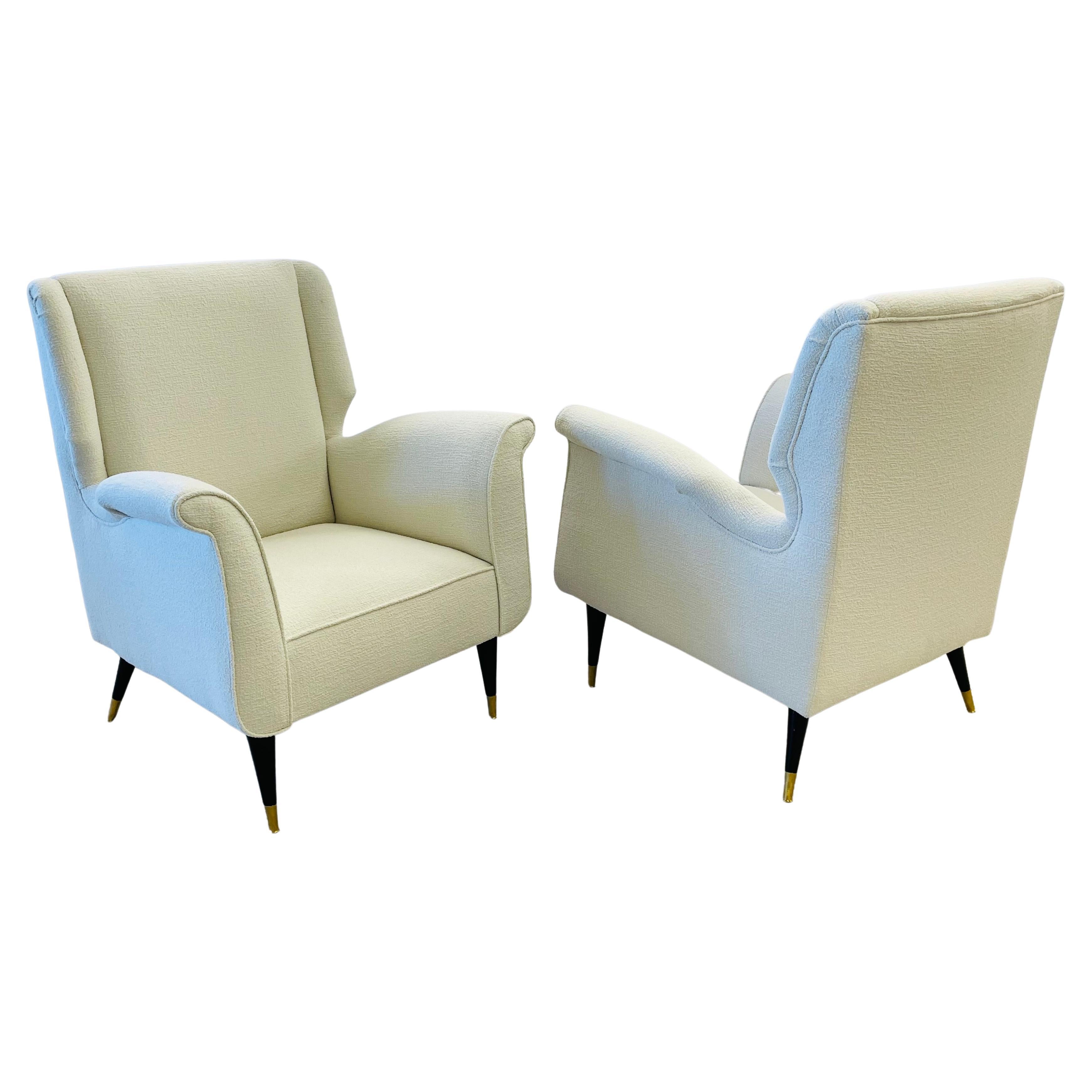 Mid-Century Modern Gio Ponti Style Armchairs, Wingback, a Pair in Kravet Bouclé For Sale