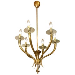 Mid-Century Modern Gio Ponti Style Six-Light Brass/Glass Italian Chandelier