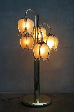 Mid-Century Modern Glass and Brass 5 Arm Lotus Lamp 1970s
