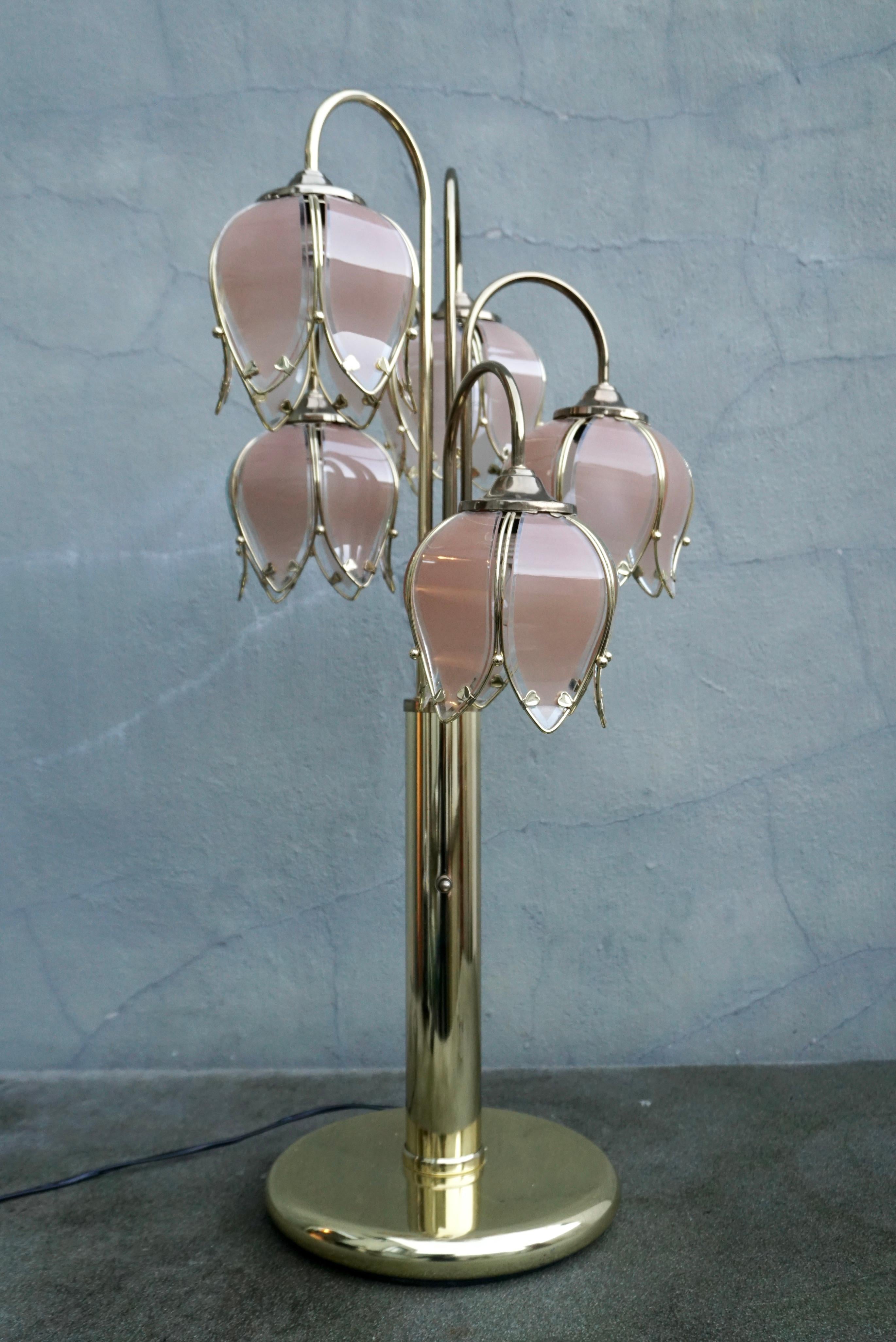 Hollywood Regency Mid-Century Modern Glass and Brass 5 Arm Lotus Lamp 1970s For Sale