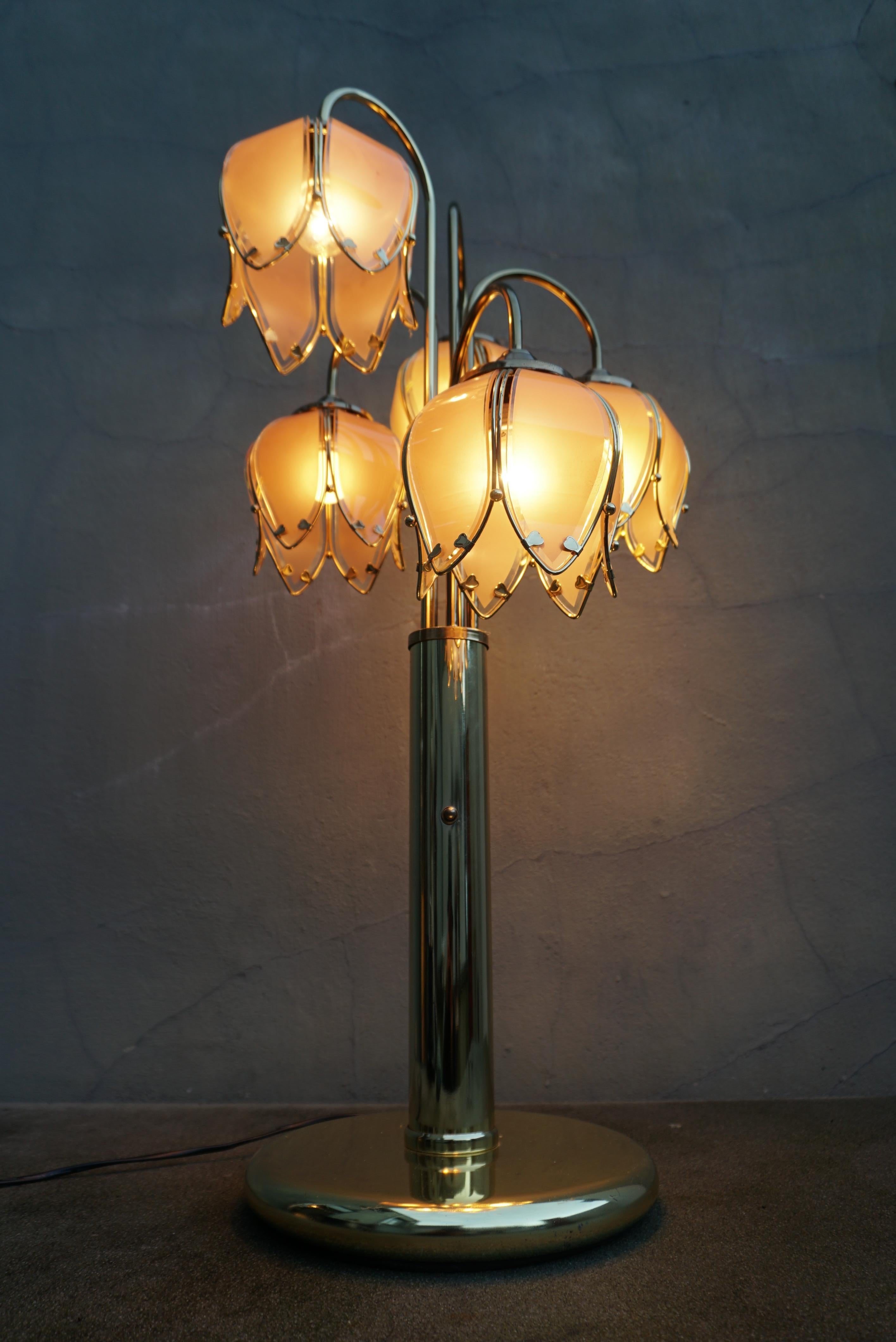 20th Century Mid-Century Modern Glass and Brass 5 Arm Lotus Lamp 1970s For Sale
