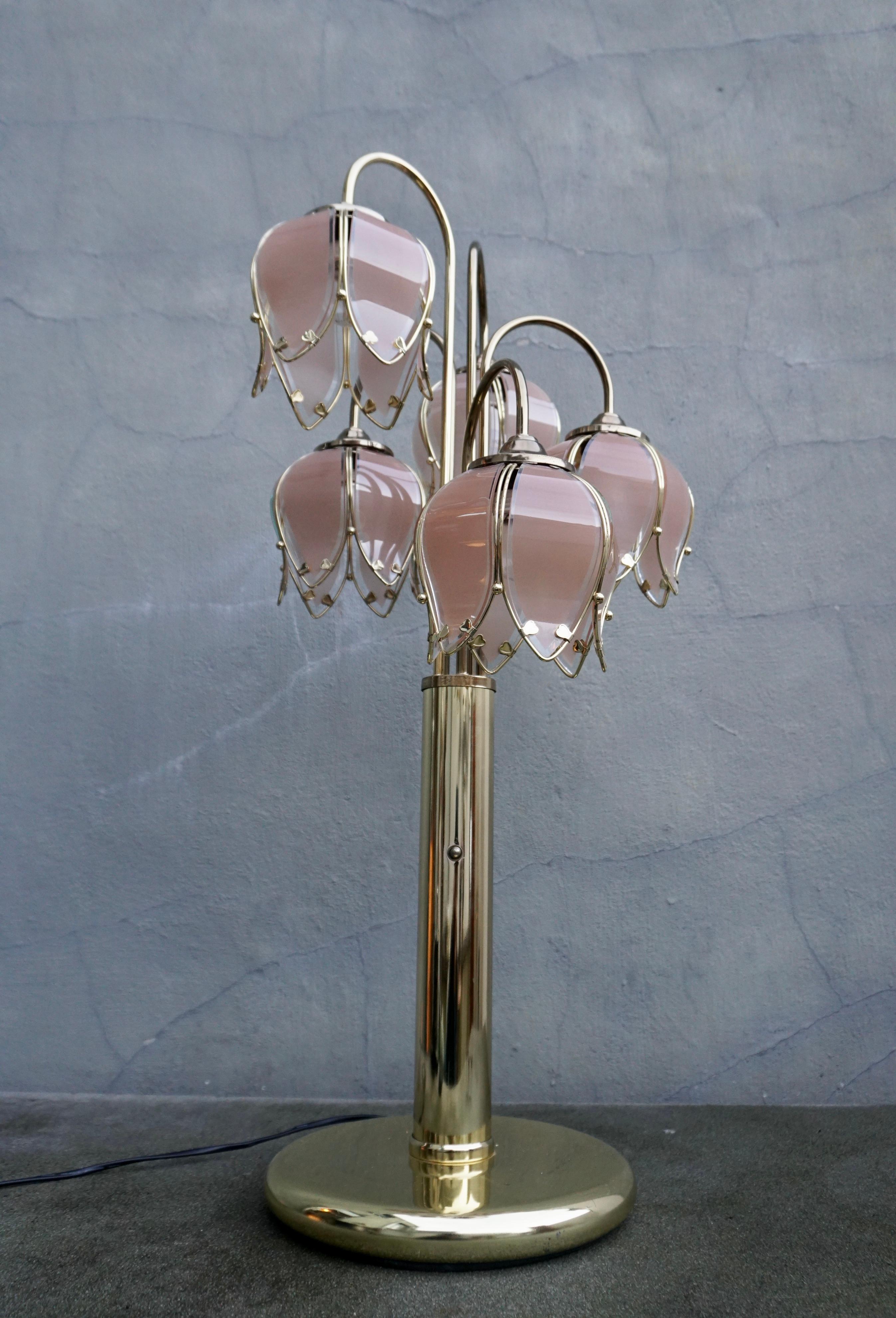 5armige Lotus-Lampe aus Glas und Messing, Mid-Century Modern, 1970er Jahre im Angebot 3