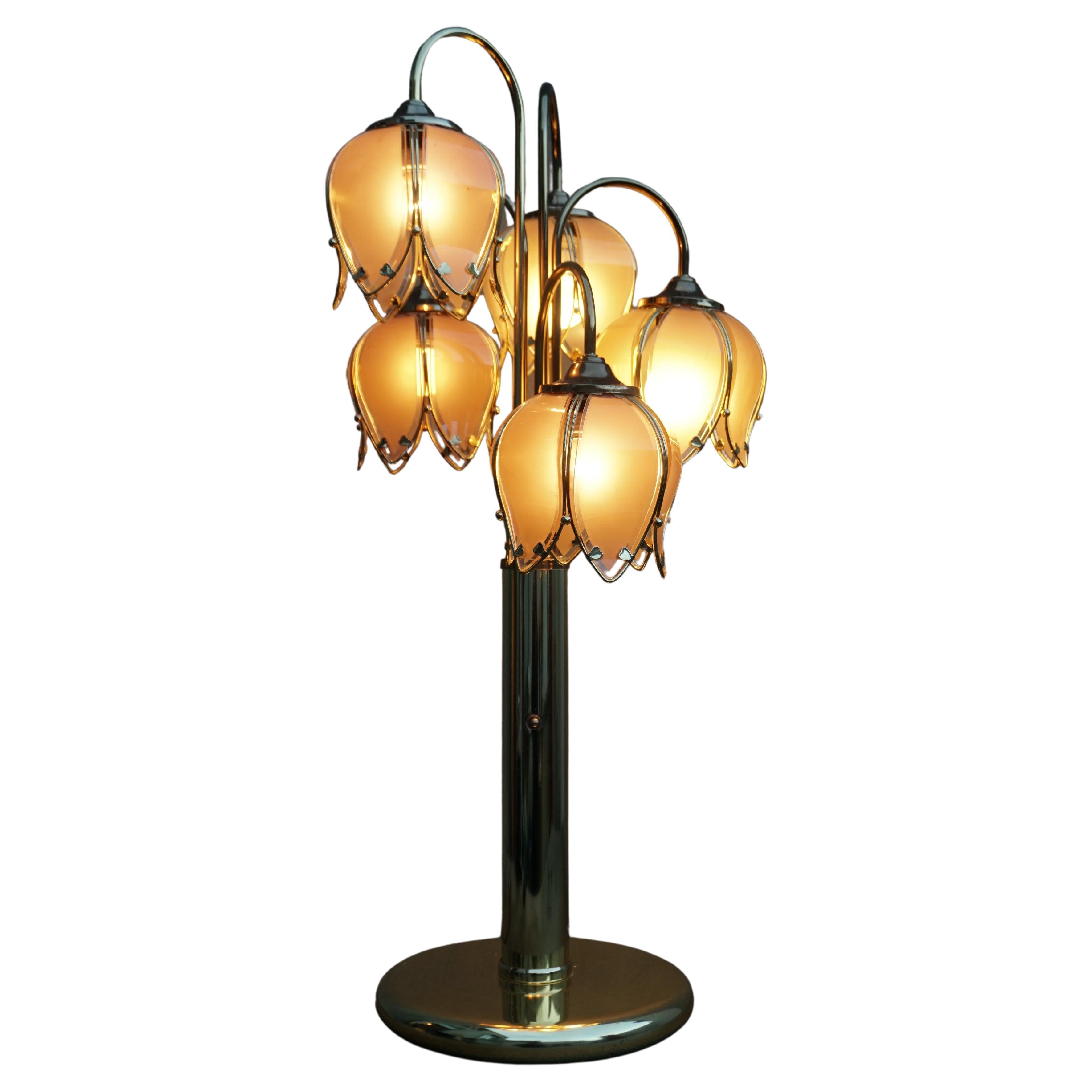 5armige Lotus-Lampe aus Glas und Messing, Mid-Century Modern, 1970er Jahre im Angebot
