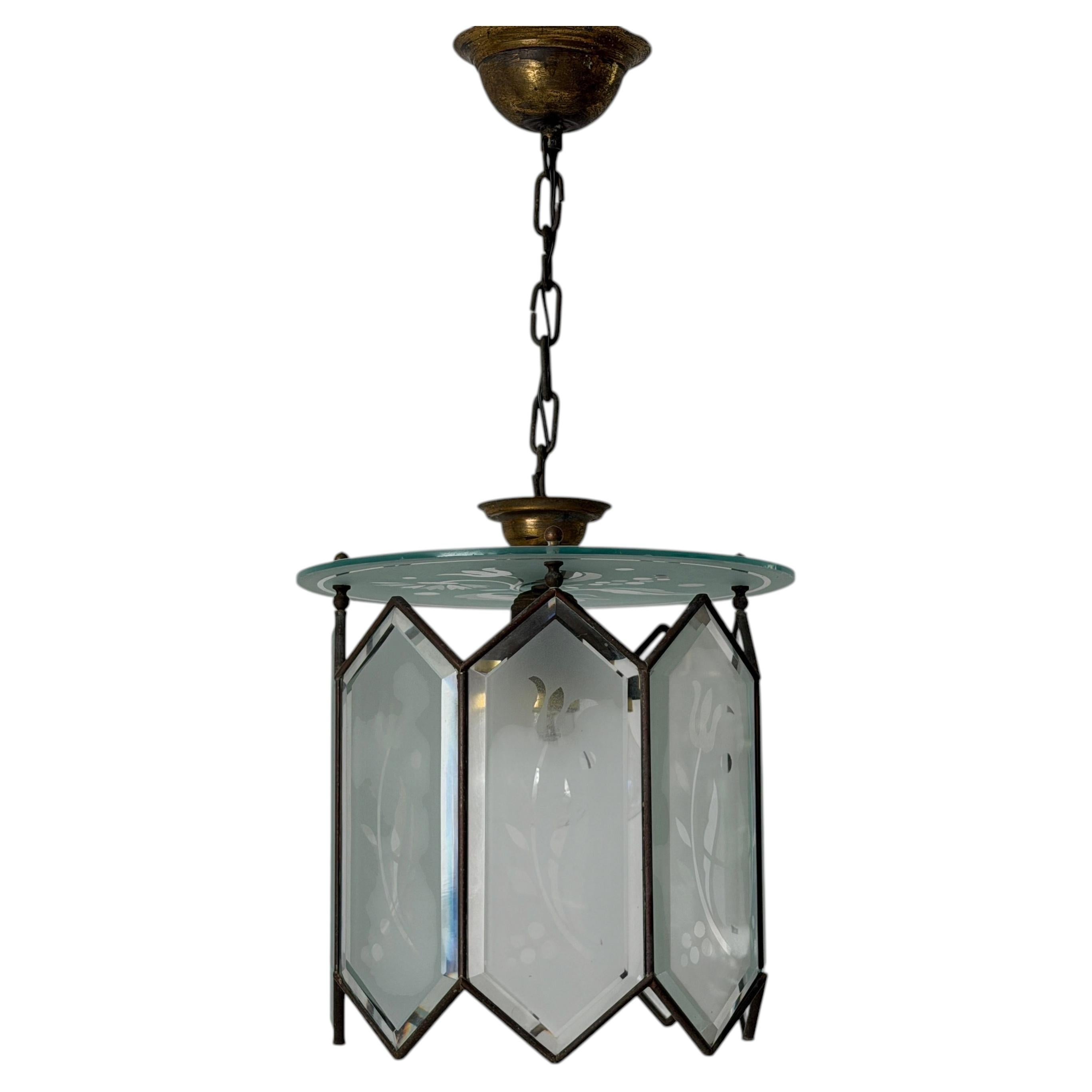 Mid-Century Modern Glass and Brass Frame Ceiling Lamp, 1950s, Italy