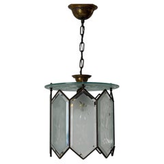 Mid-Century Modern Glass and Brass Frame Ceiling Lamp, 1950s, Italy