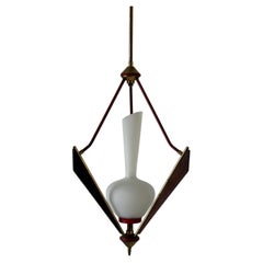 Mid-Century Modern Glass and Brass Frame Ceiling Lamp, 1950s, Italy