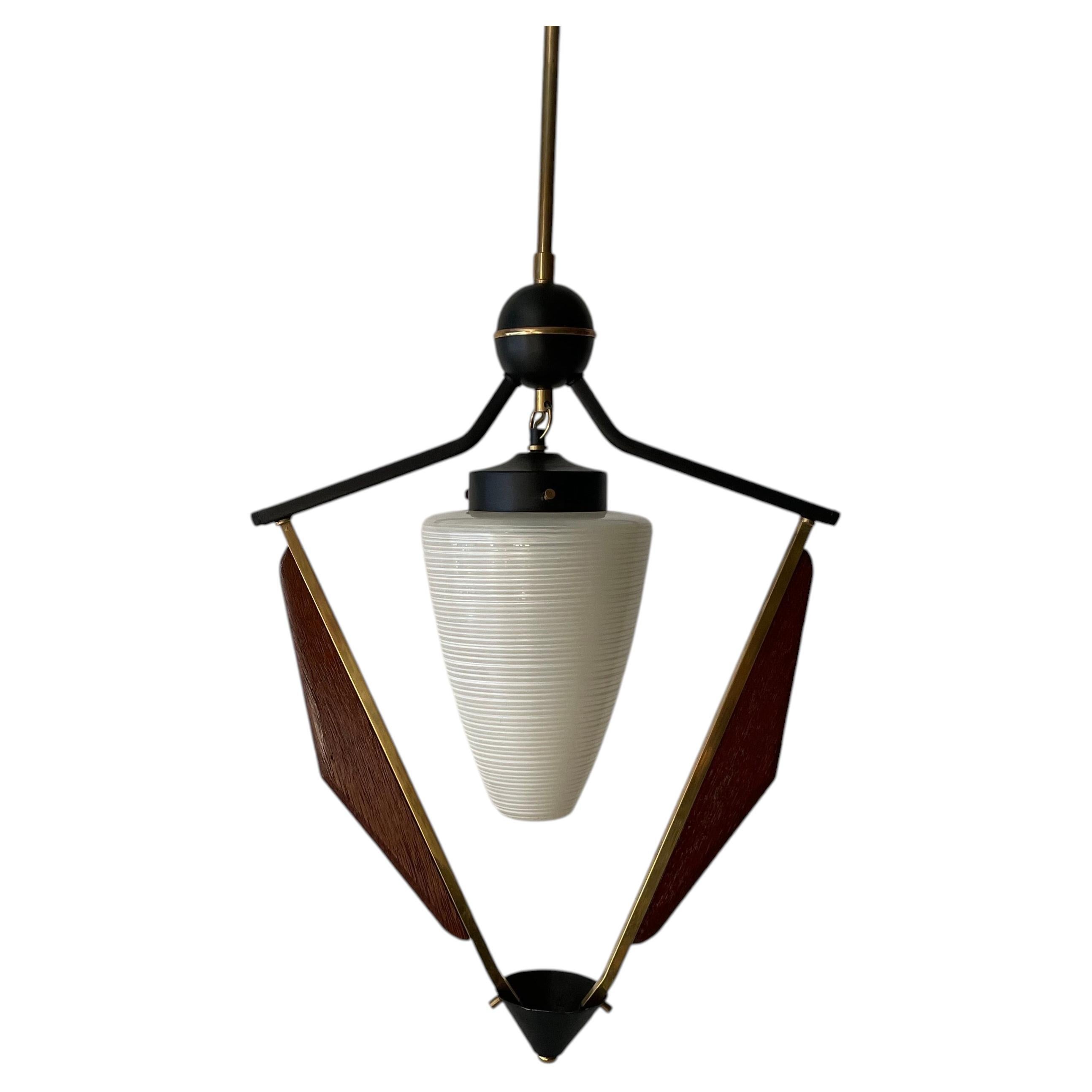 Mid-Century Modern Glass and Brass Frame Ceiling Lamp, 1950s, Italy For Sale