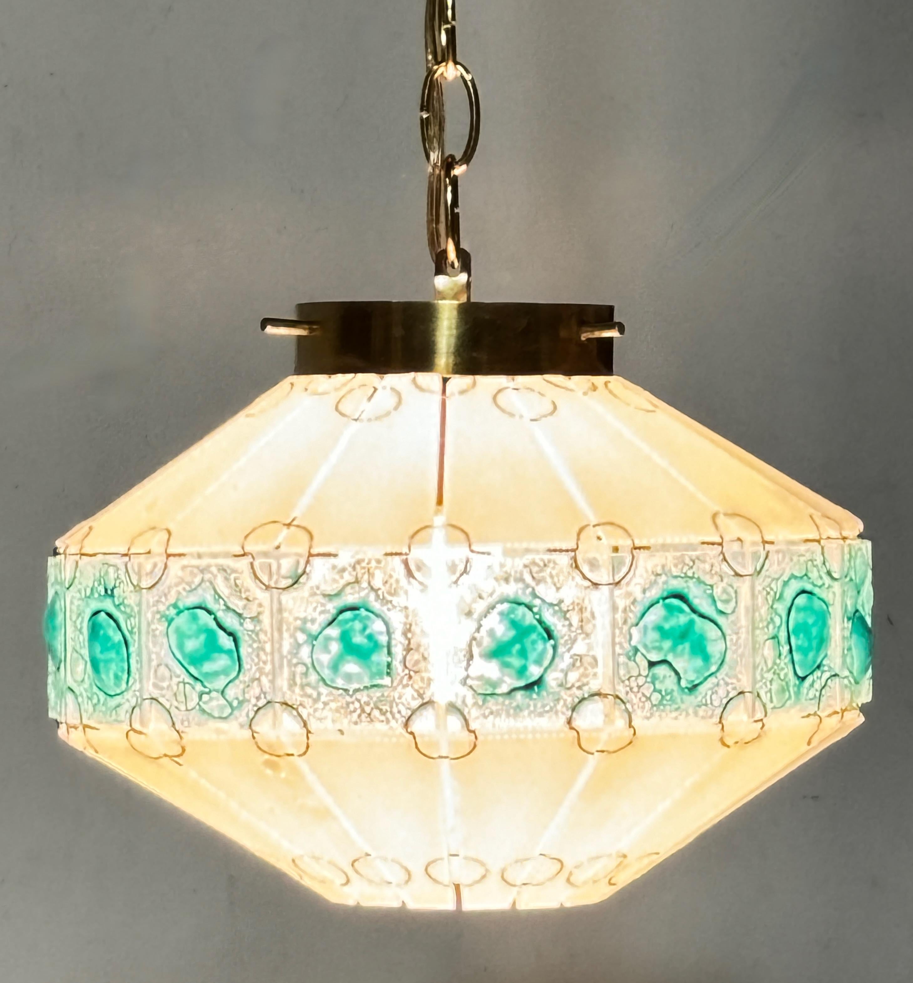 Mid Century Modern Glass and Brass Pendant Light Fixture 1960's In Good Condition For Sale In San Francisco, CA