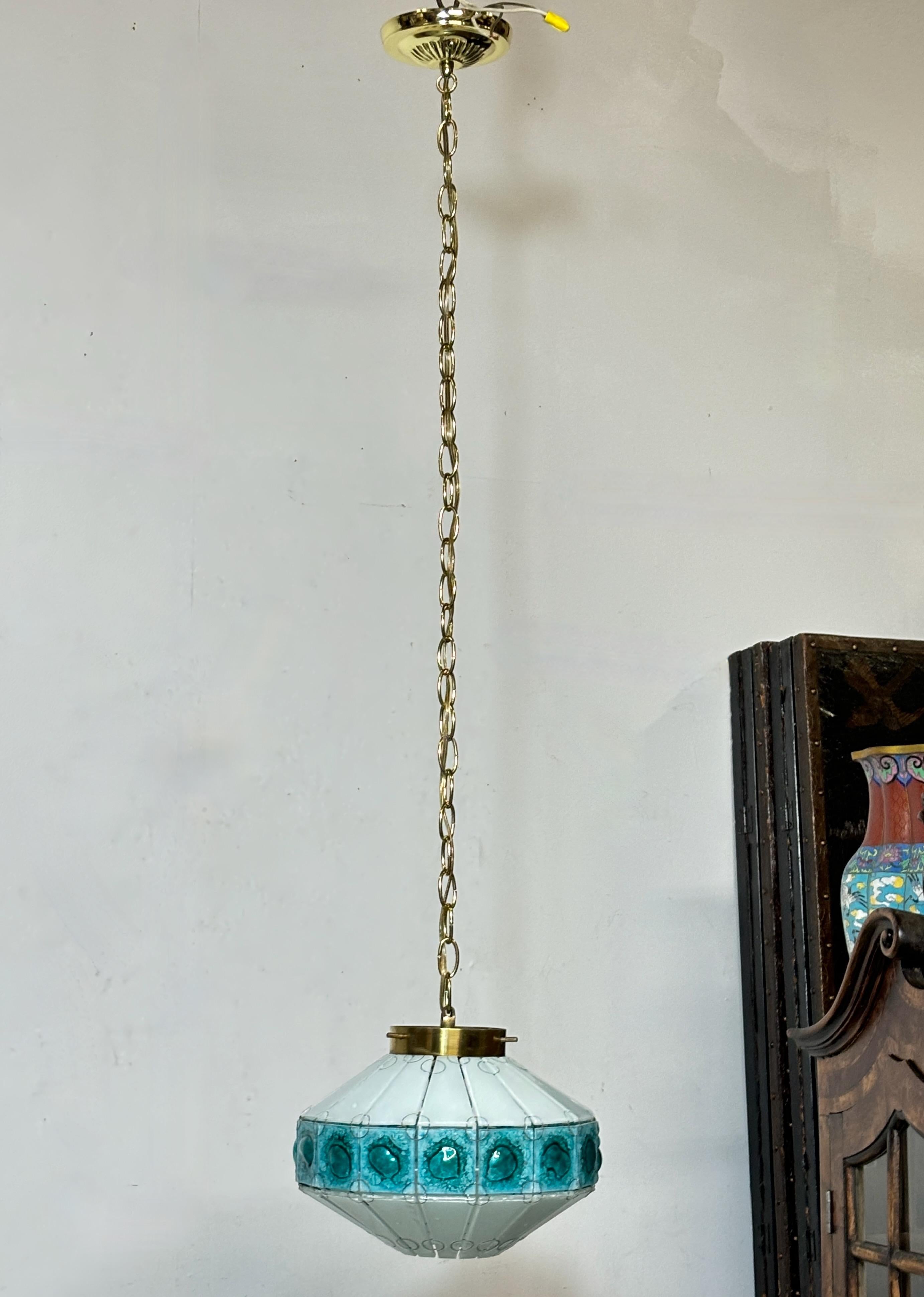 20th Century Mid Century Modern Glass and Brass Pendant Light Fixture 1960's For Sale