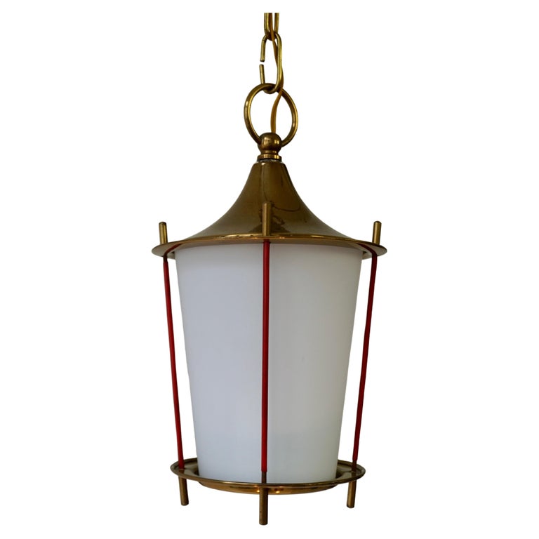 Mid-Century Modern Glass and Brass Pendant Light Lantern For Sale