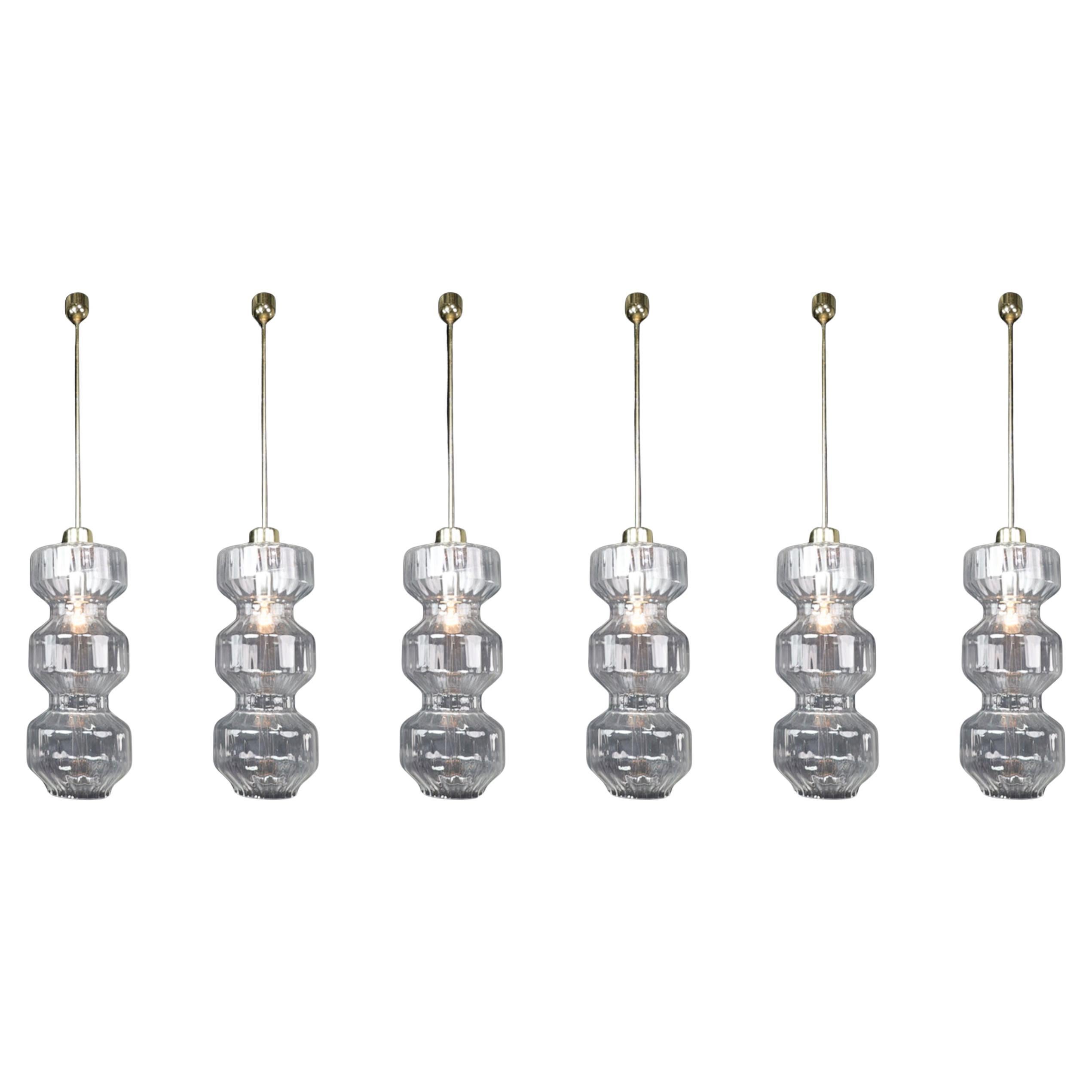 Mid-Century Modern Glass and Brass Pendants, Bohemia, Czechoslovakia, 1970s For Sale