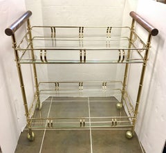 Mid-Century Modern Glass and Brass Rolling Bar Tea Cart Service