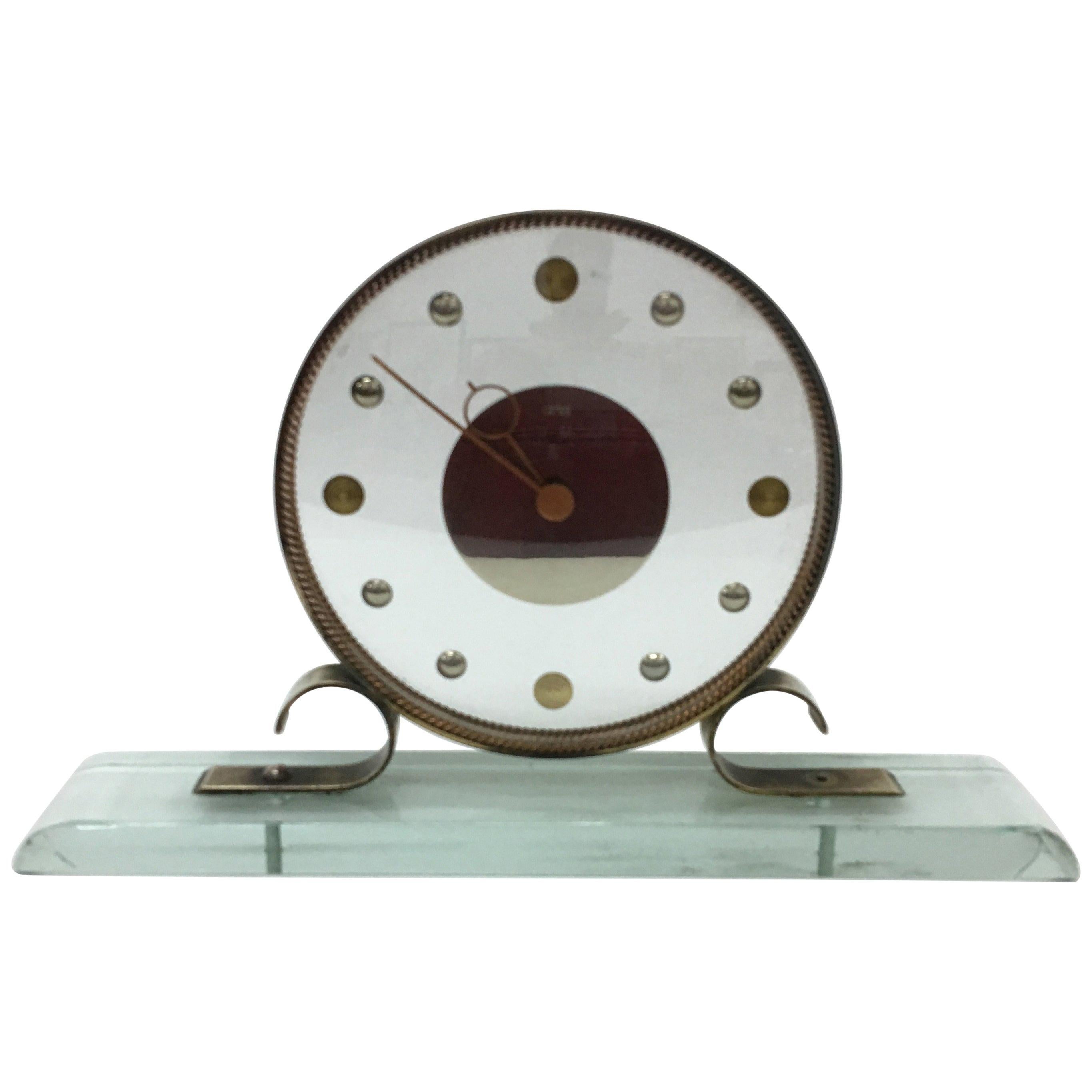 1950s Mid-Century Modern Glass and Brass Italian Desk Clock by Iatos 