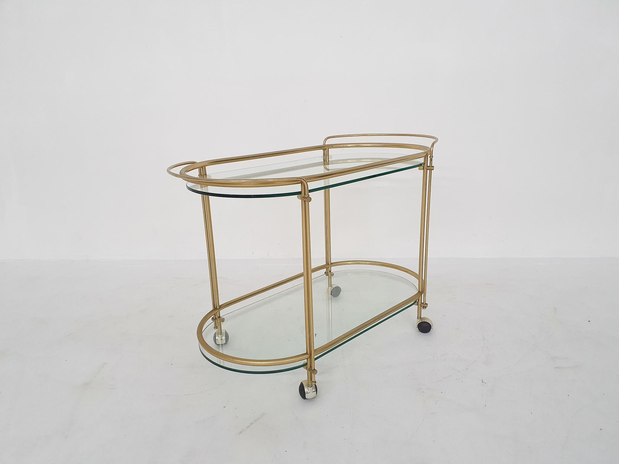 Italian Mid-Century Modern Glass and Gold Serving Trolley or Bar Cart, 1970's