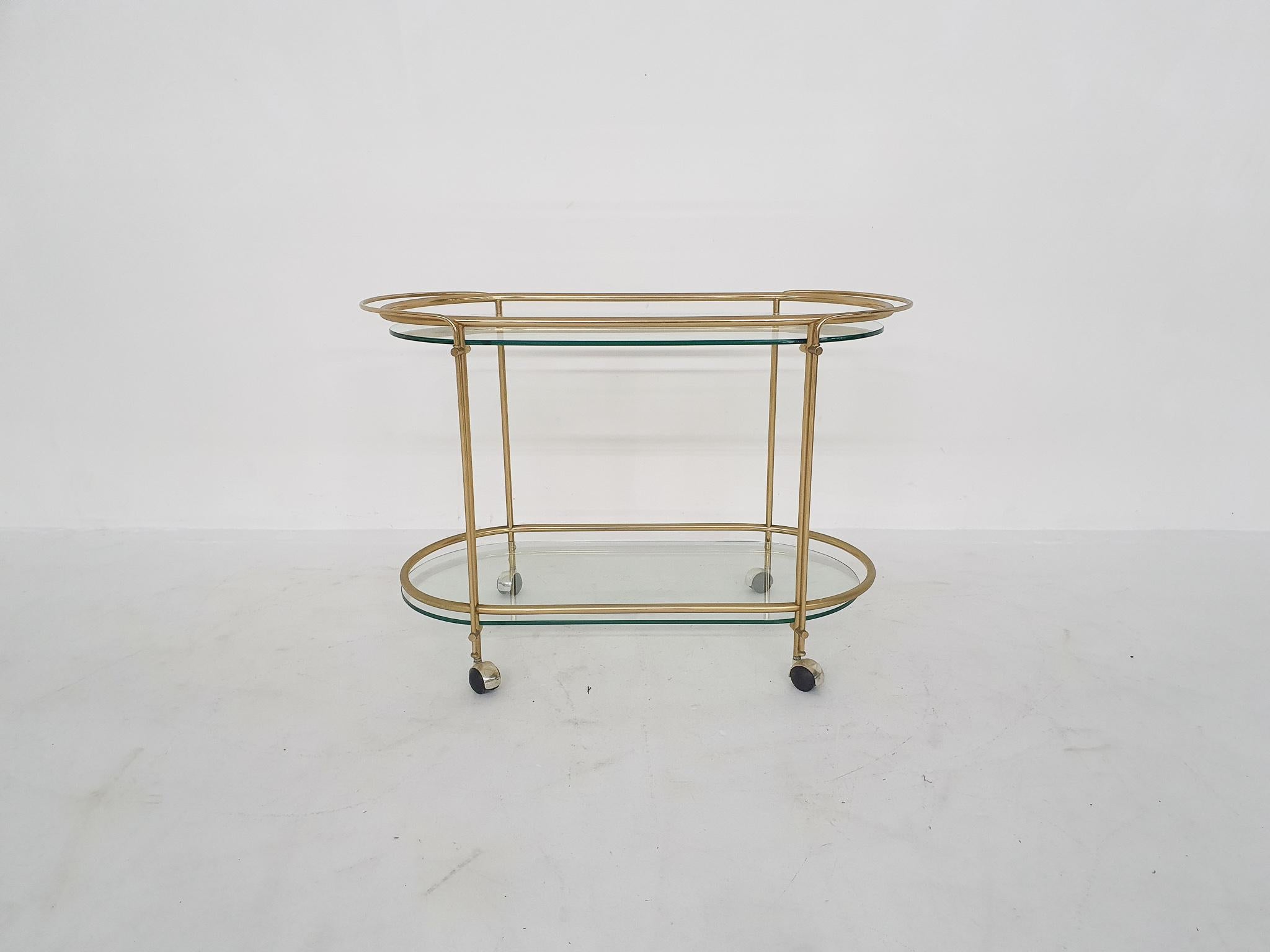 Mid-Century Modern Glass and Gold Serving Trolley or Bar Cart, 1970's In Good Condition In Amsterdam, NL