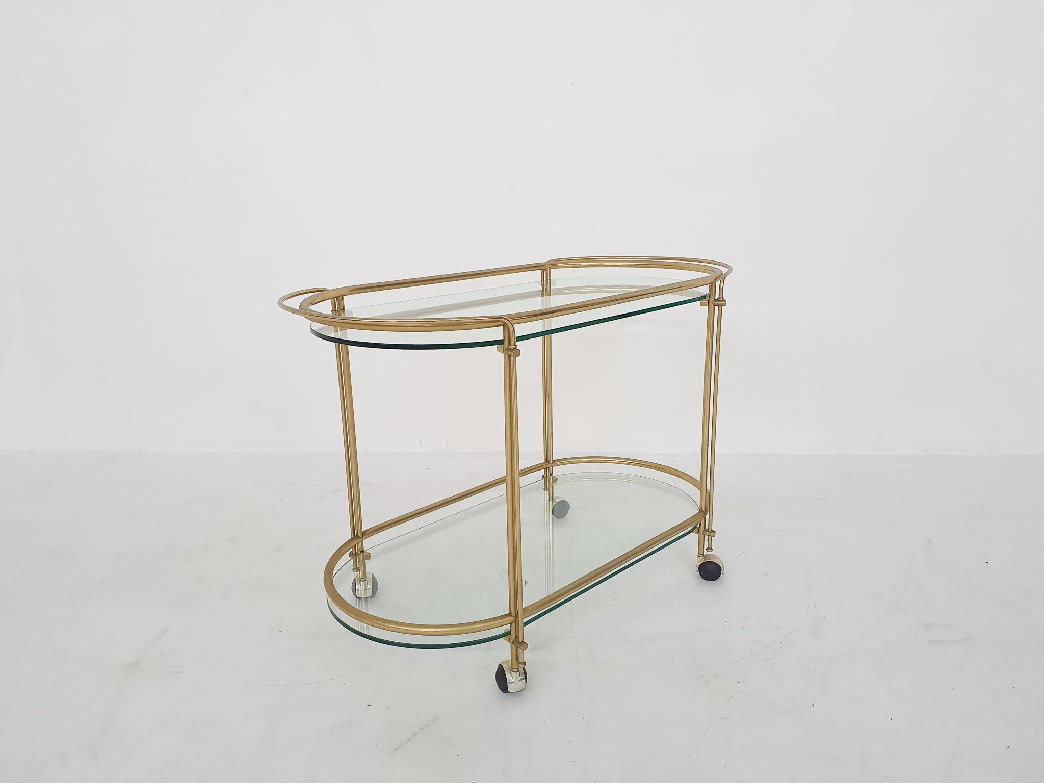 Late 20th Century Mid-Century Modern Glass and Gold Serving Trolley or Bar Cart, 1970's