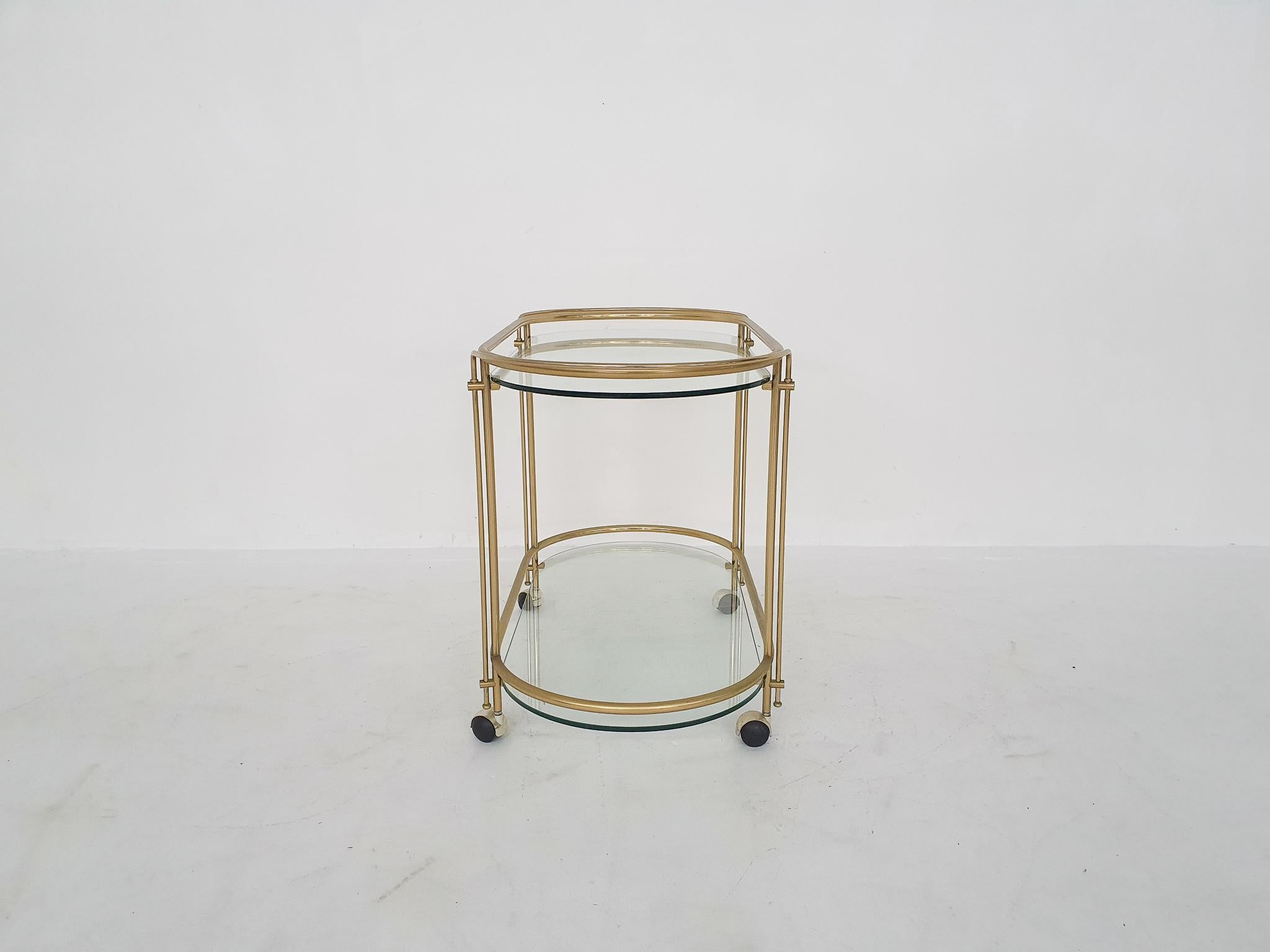 Metal Mid-Century Modern Glass and Gold Serving Trolley or Bar Cart, 1970's