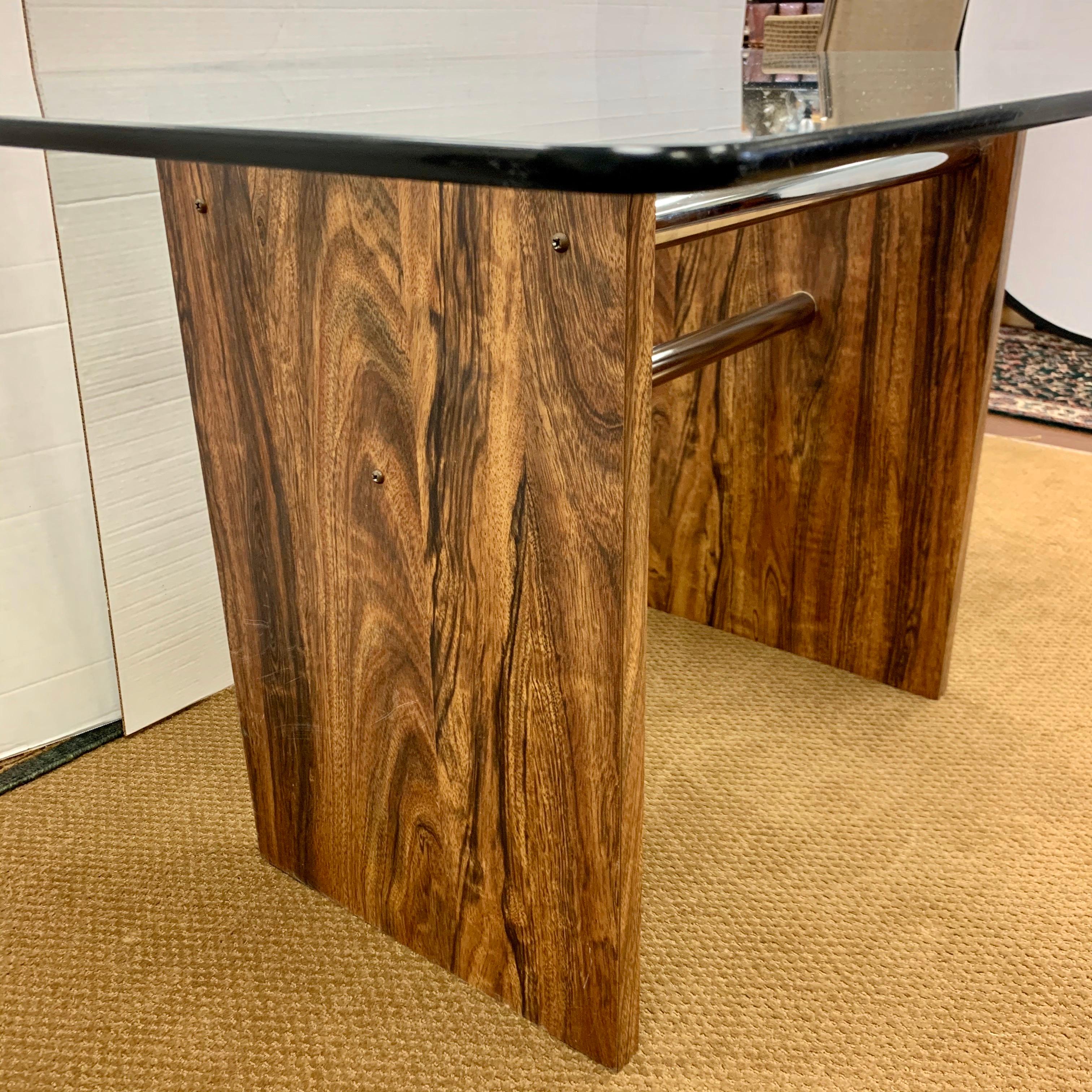 Mid-Century Modern Glass and Rosewood Dining Table in the Style of Milo Baughman In Good Condition In West Hartford, CT